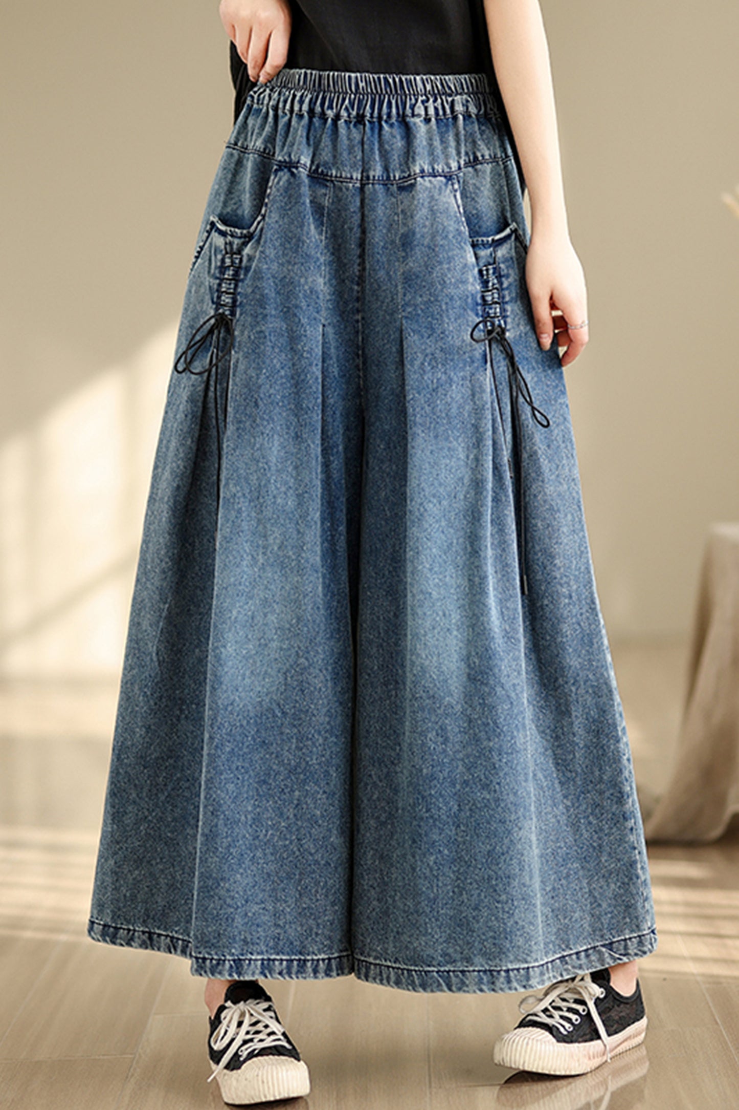 BK-Women's Loose Elastic Waist Wide Leg Denim Pants - LAI MENG FIVE CATS