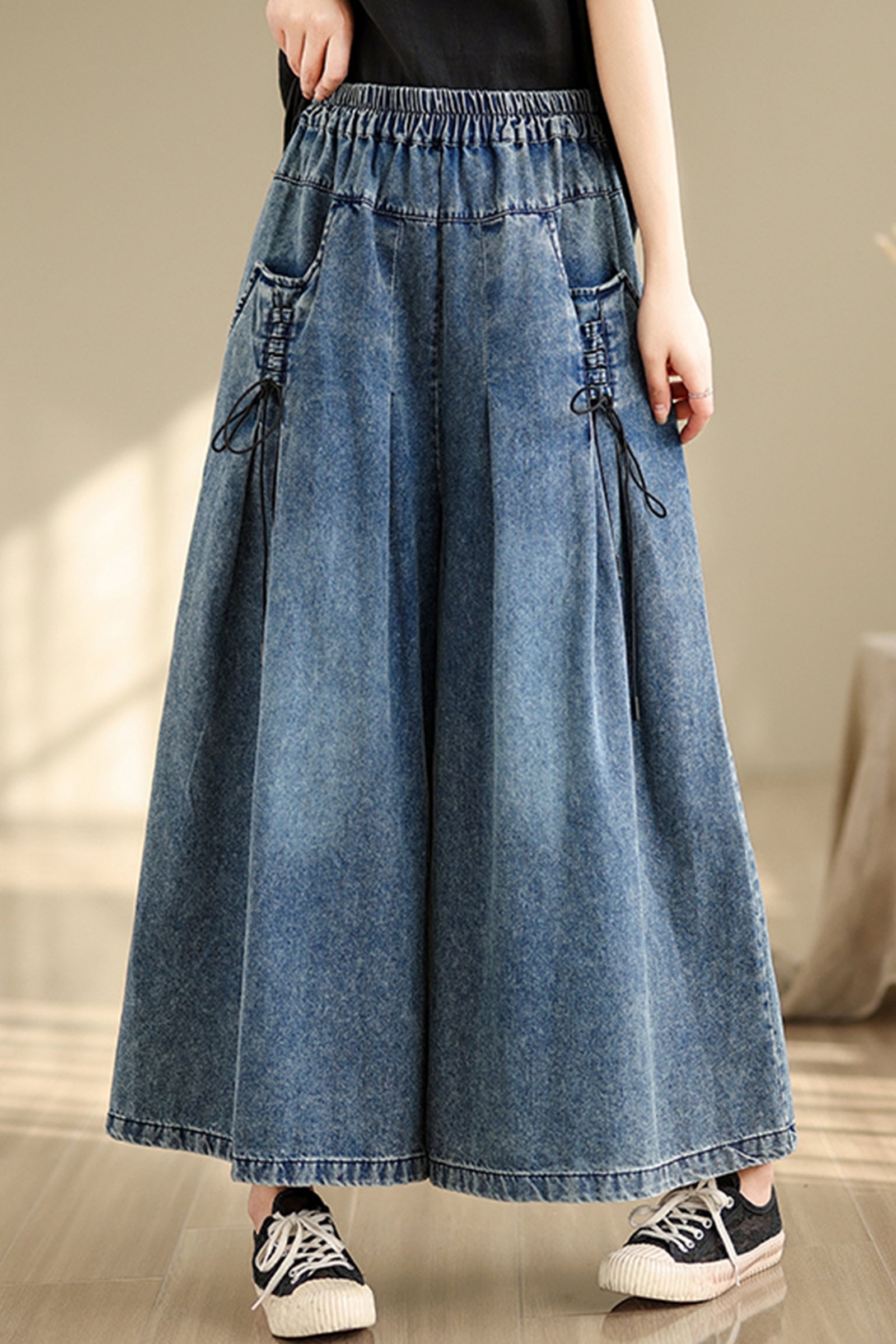BK-Women's Loose Elastic Waist Wide Leg Denim Pants - LAI MENG FIVE CATS
