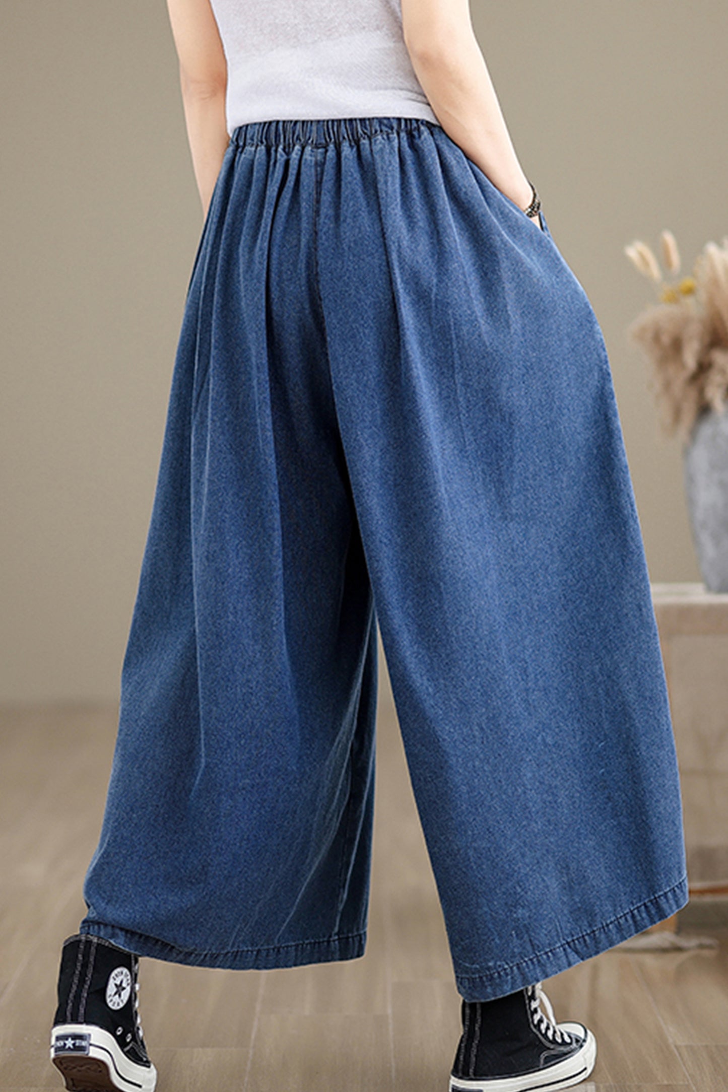 Women's Loose Elastic Waist Wide Leg Denim Pants - LAI MENG FIVE CATS