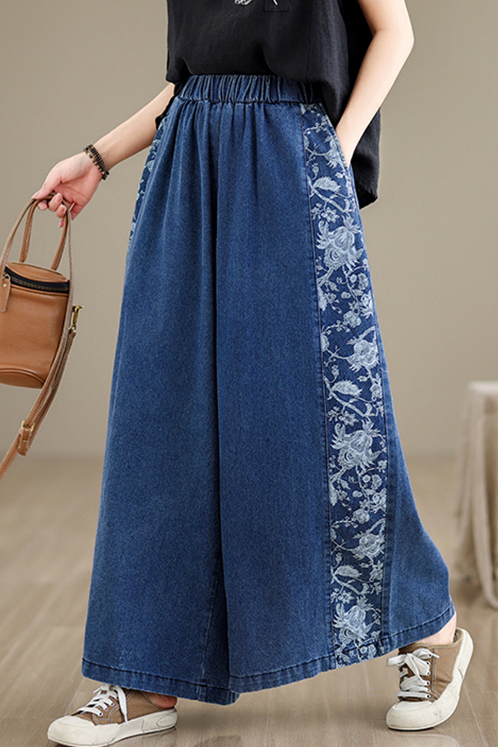 Women's Loose Elastic Waist Wide Leg Denim Pants - LAI MENG FIVE CATS