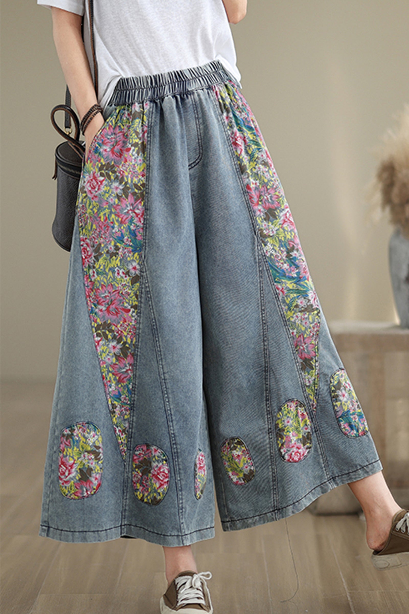 BK-Women's Loose Elastic Waist Wide Leg Denim Pants With Double Pockets - LAI MENG FIVE CATS