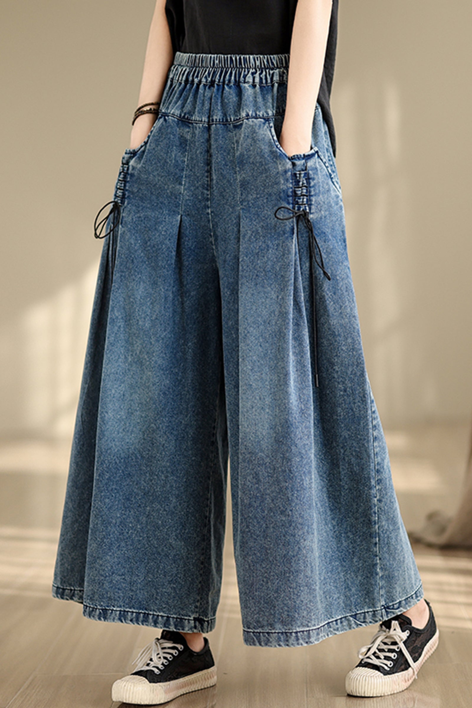 BK-Women's Loose Elastic Waist Wide Leg Denim Pants - LAI MENG FIVE CATS