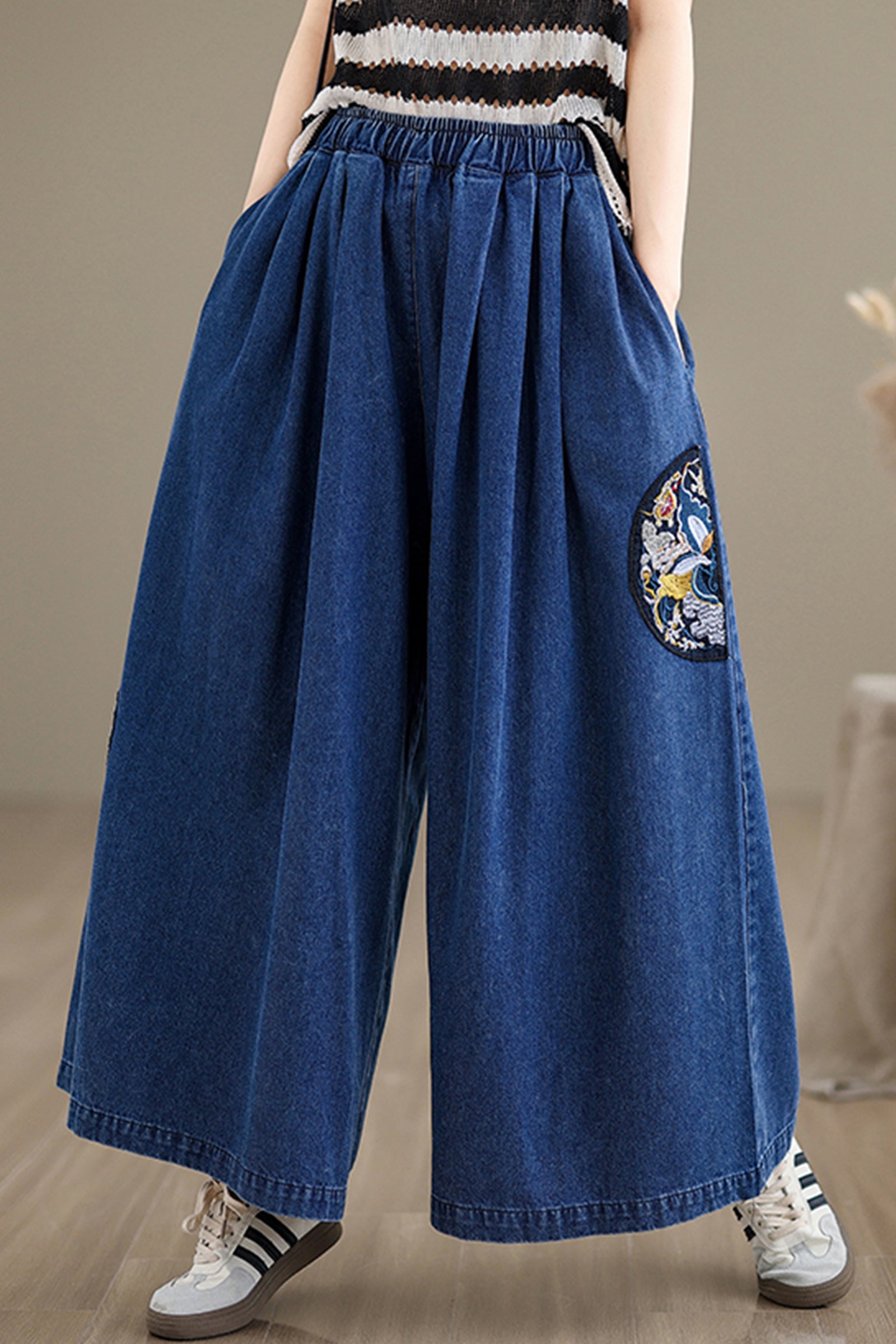 Women's Loose Elastic Waist Wide Embroidery Leg Denim Pants - LAI MENG FIVE CATS
