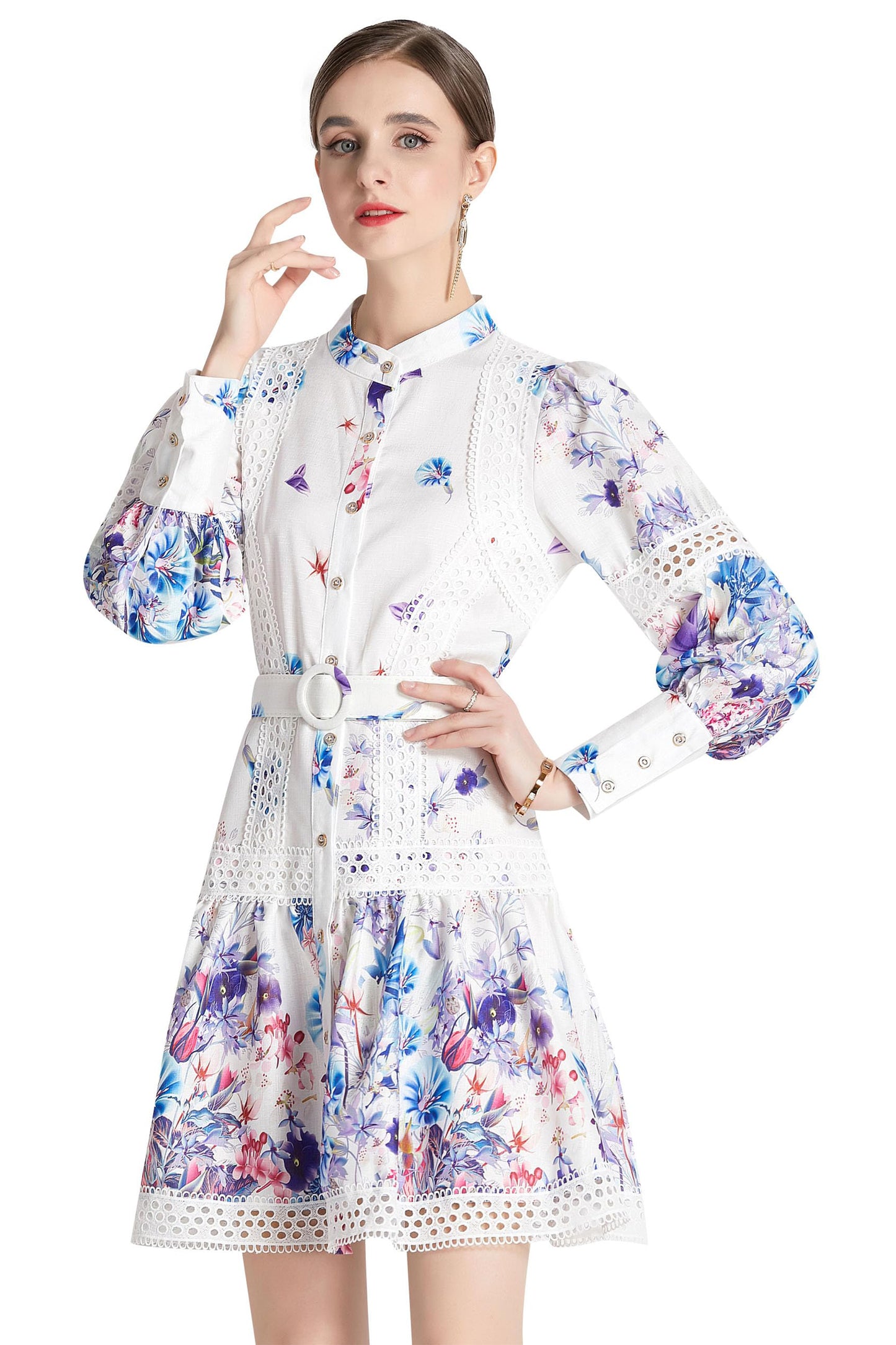 BK-Floral Print Button up Lantern Sleeve Mini Dress with Belt - LAI MENG FIVE CATS