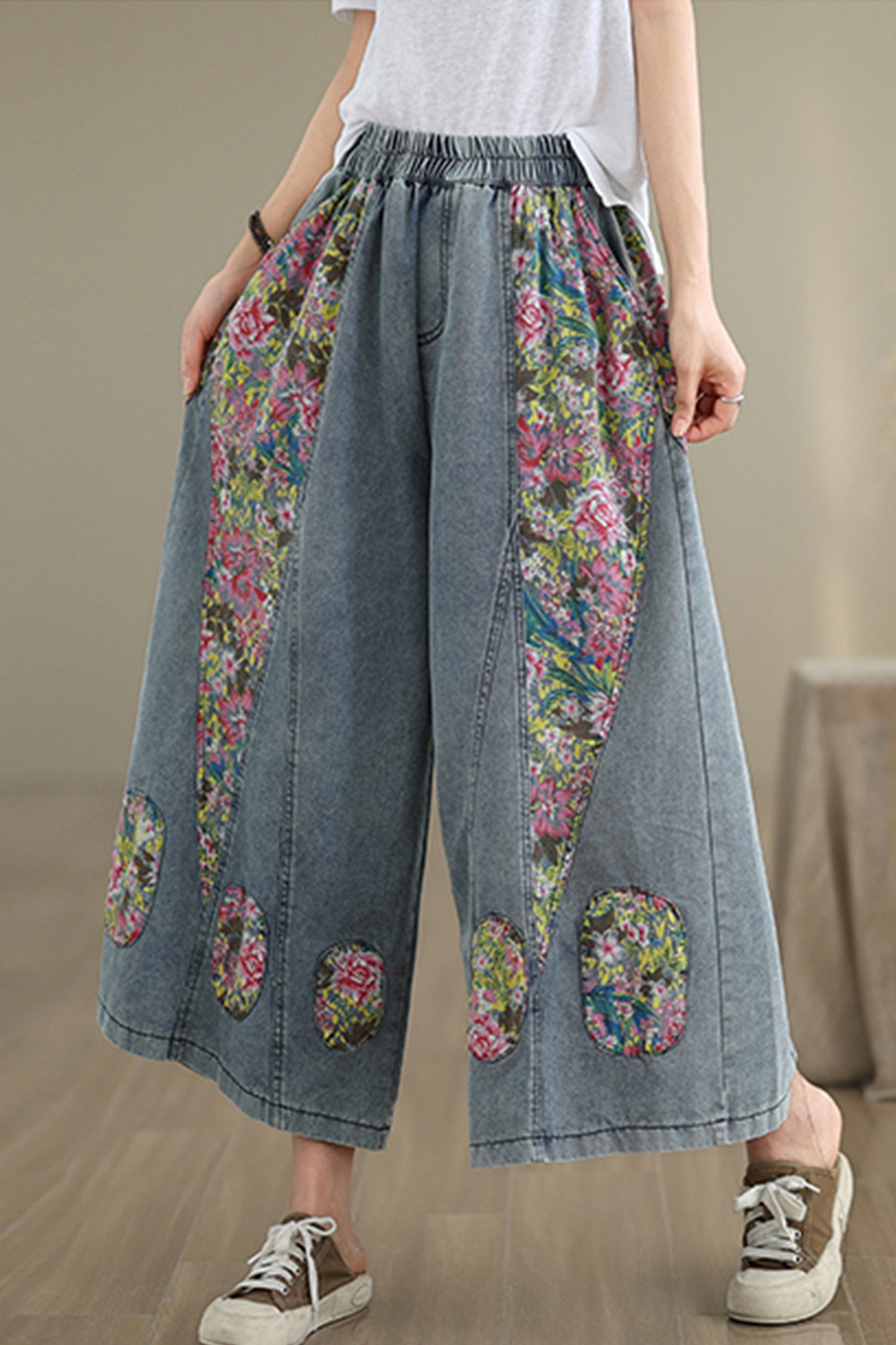BK-Women's Loose Elastic Waist Wide Leg Denim Pants With Double Pockets - LAI MENG FIVE CATS