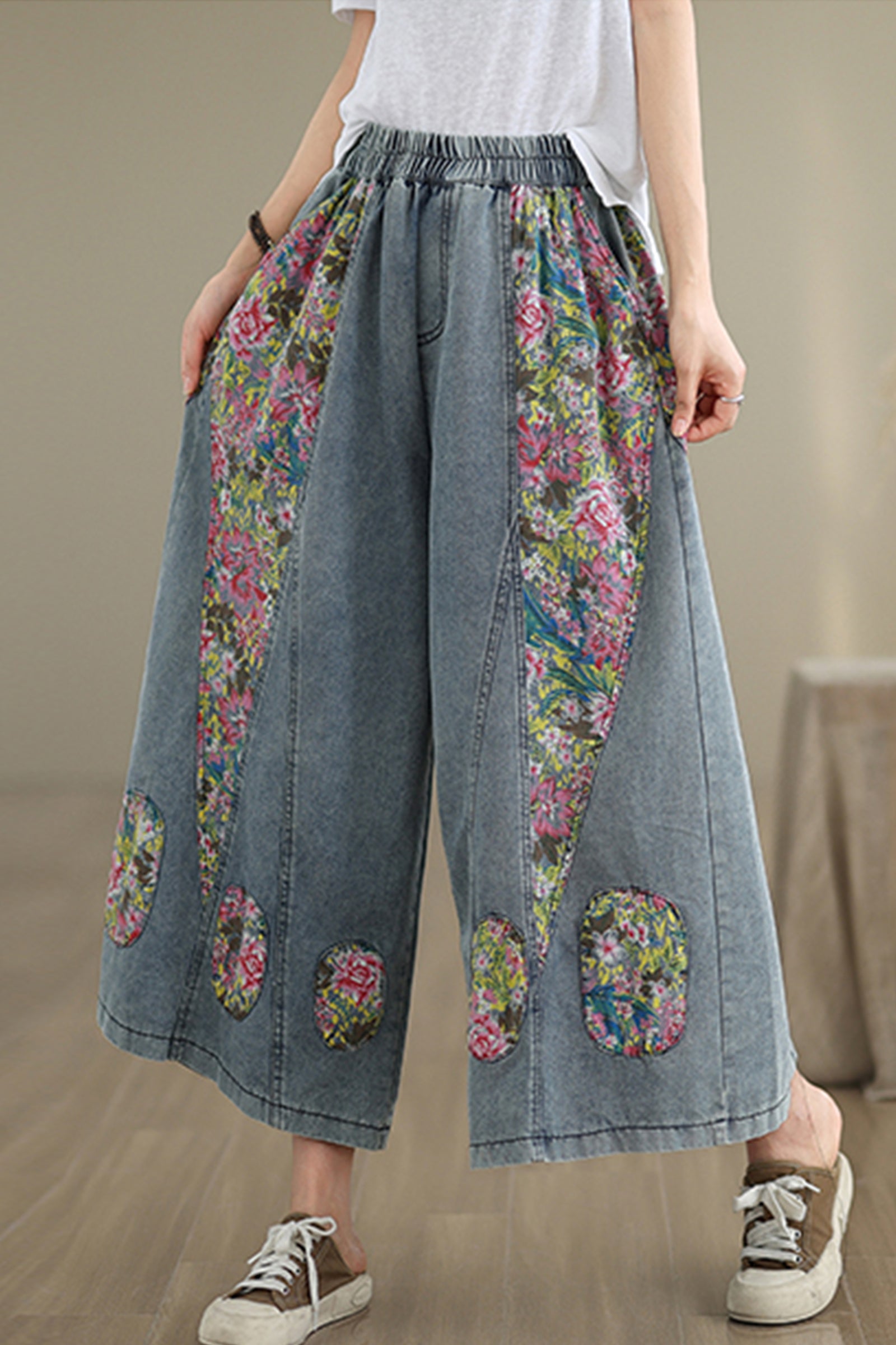 BK-Women's Loose Elastic Waist Wide Leg Denim Pants With Double Pockets - LAI MENG FIVE CATS