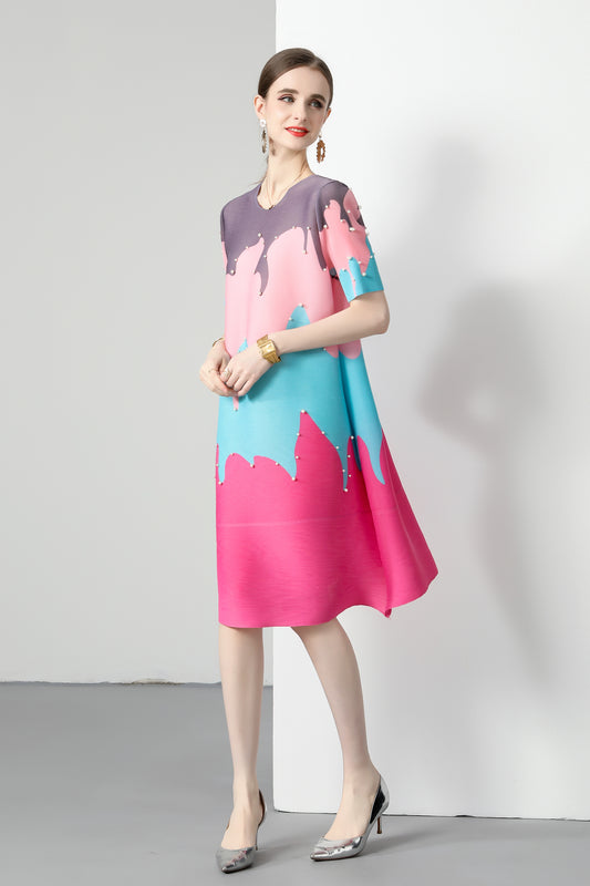 Pleats big Elastic print Loose cute Midi Dress - LAI MENG FIVE CATS