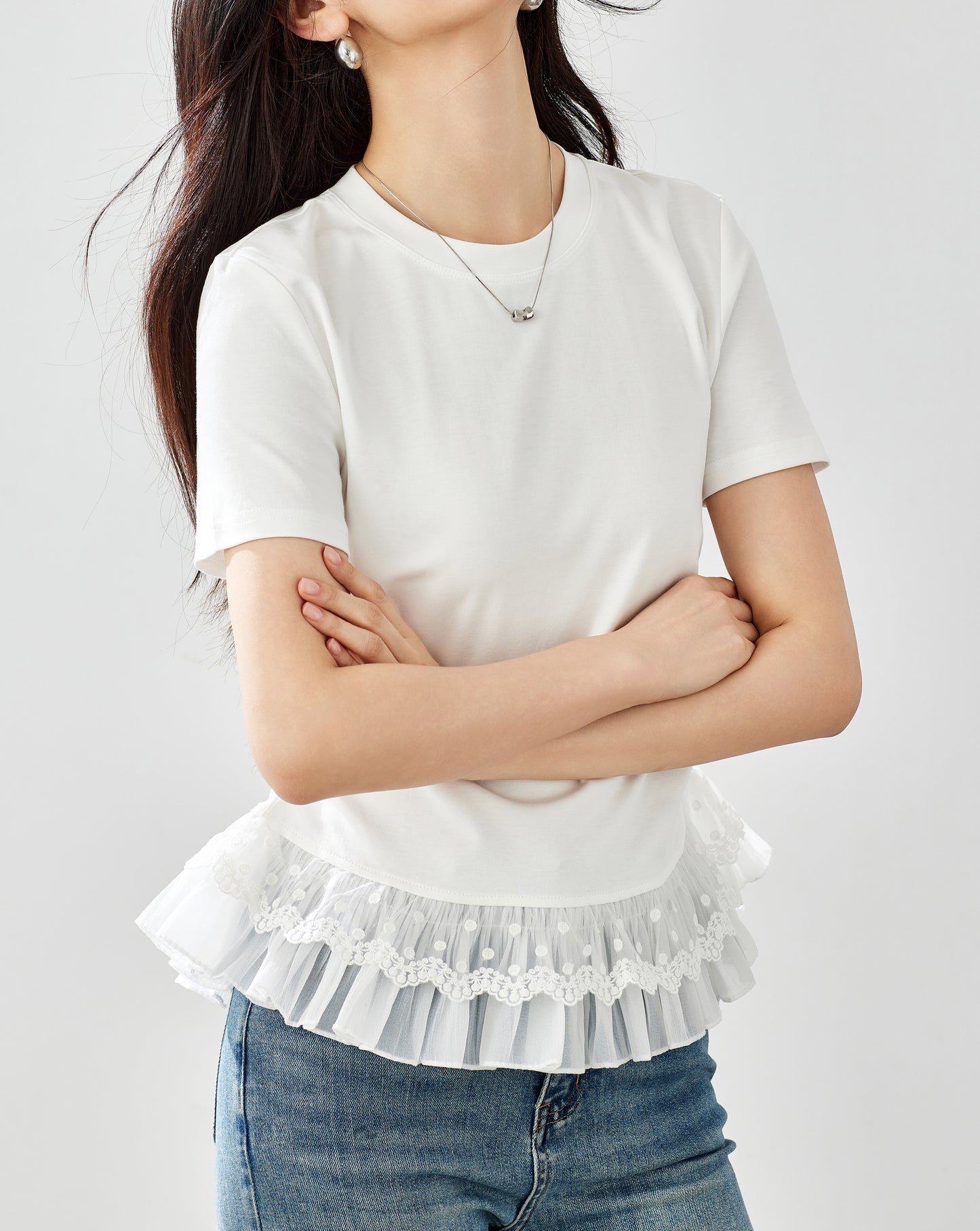 Lace Hem Ruched Tee – Ivory White