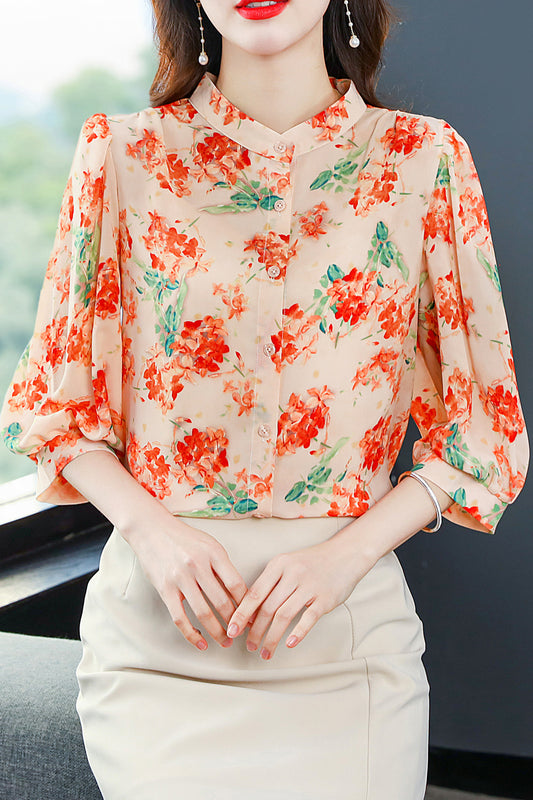Silk Blouse Satin Lantern Sleeve Button up Casual Print Loose Tops Shirt - LAI MENG FIVE CATS