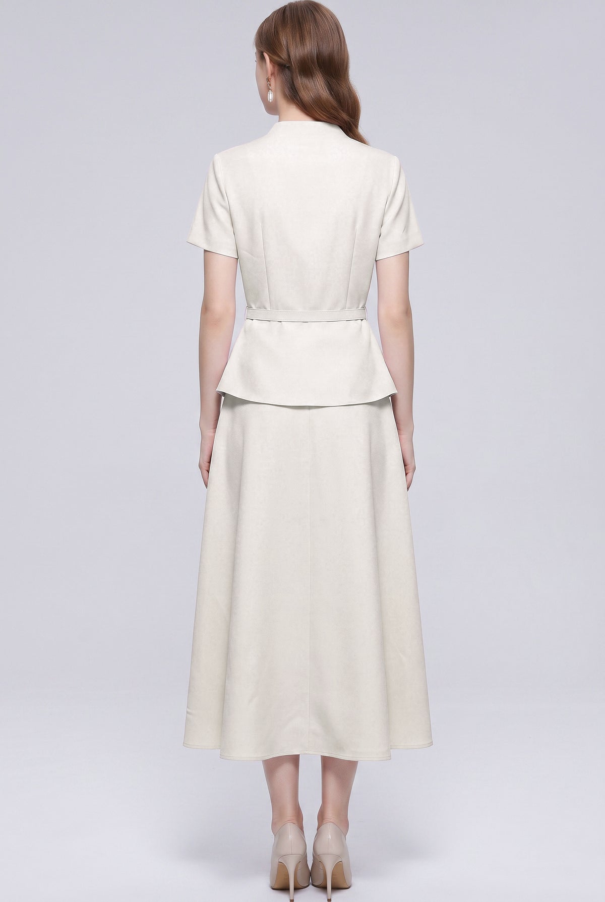 Chic 2-Piece Outfit: EShort-Sleeve Mandarin Collar Jacket & A-Line Skirt