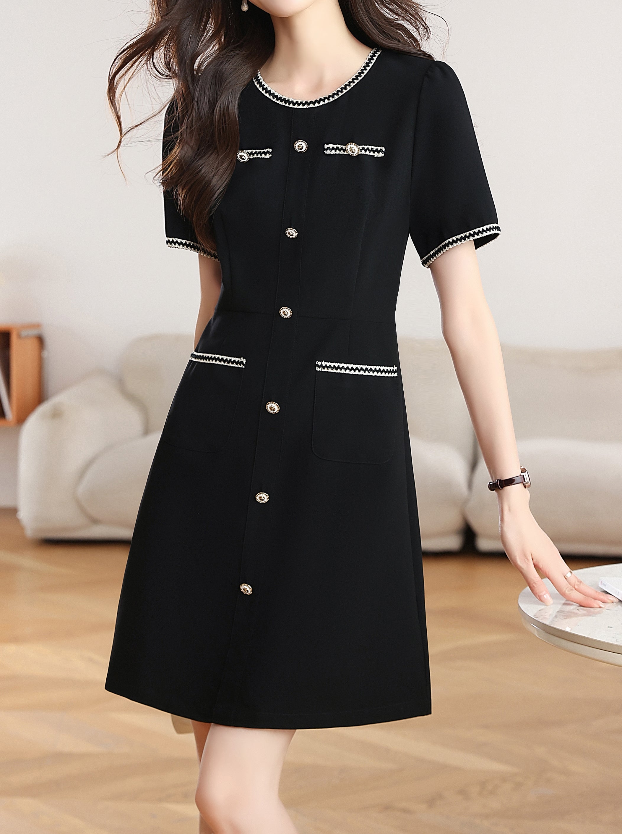 black button front mini dress Black Contrast Trim Button Front Mini Dress with Pockets – LAI MENG FIVE  CATS
