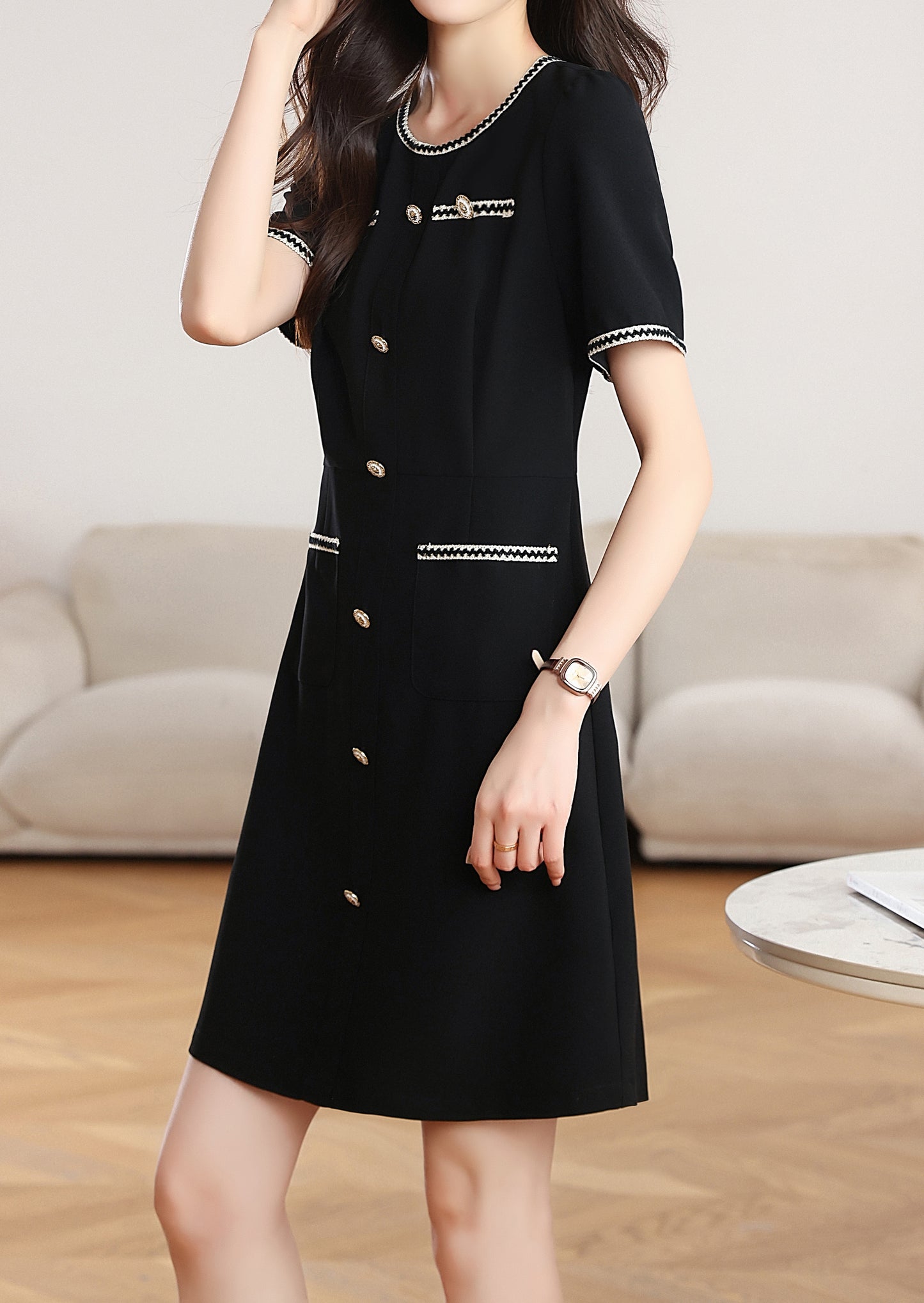 Black Contrast Trim Button Front Mini Dress with Pockets