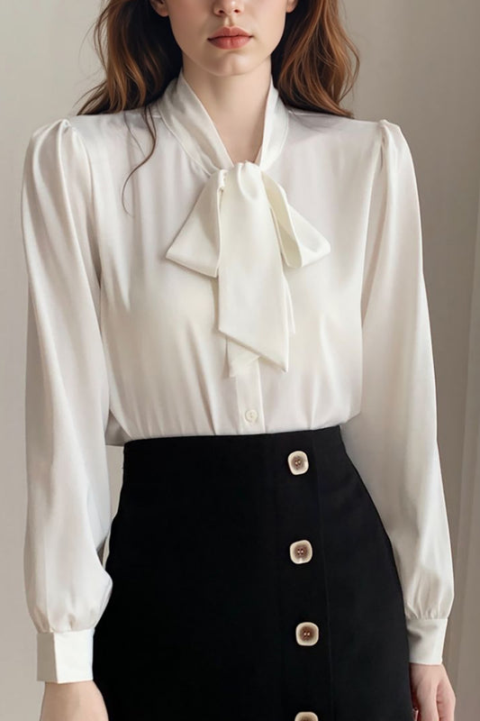 Women's Stain Shirt Tie Neck Long Sleeve Blouse Top