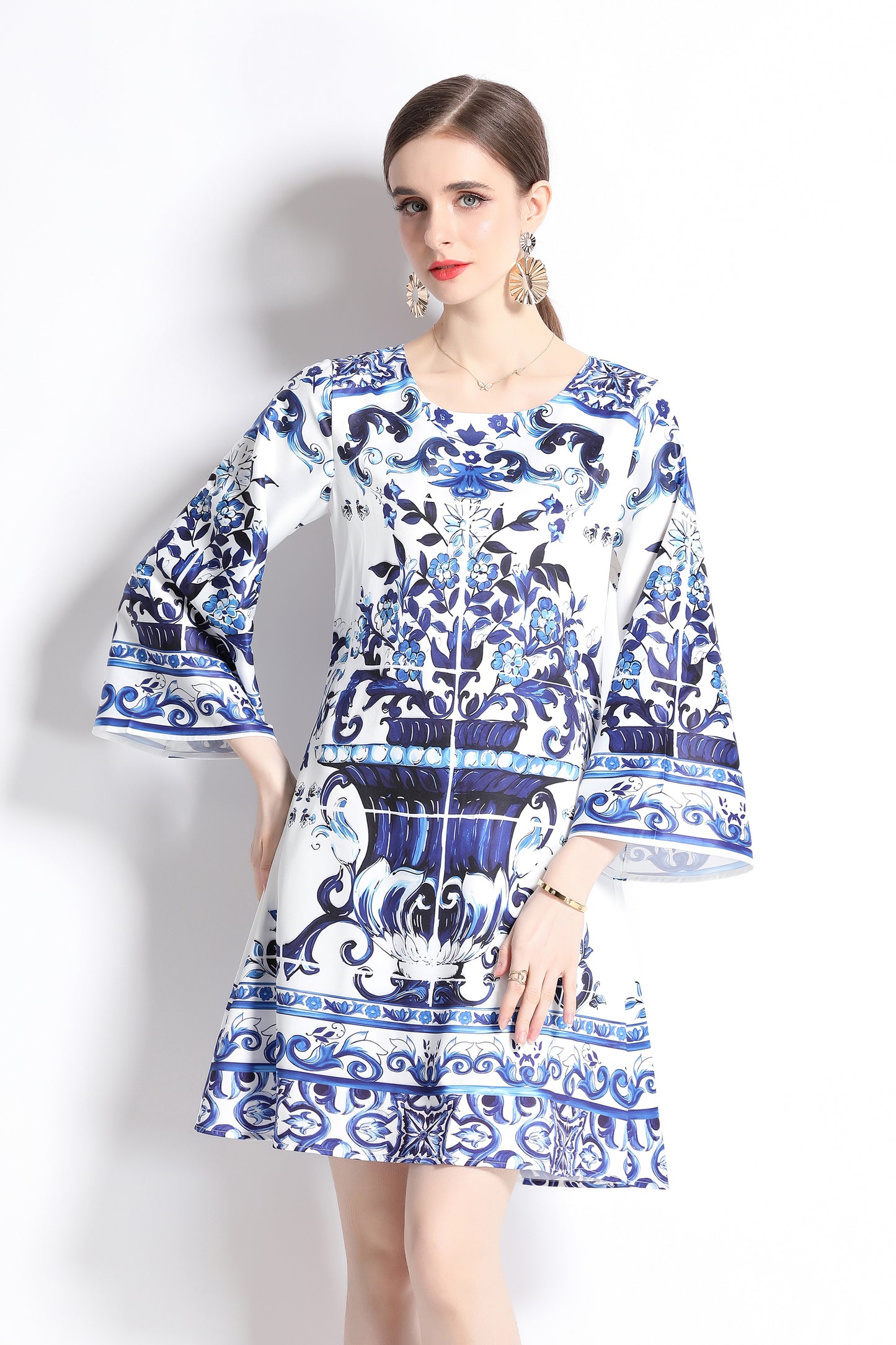 Women's Blue and White Porcelain Pattern Bell Sleeves Mini Dress - LAI MENG FIVE CATS