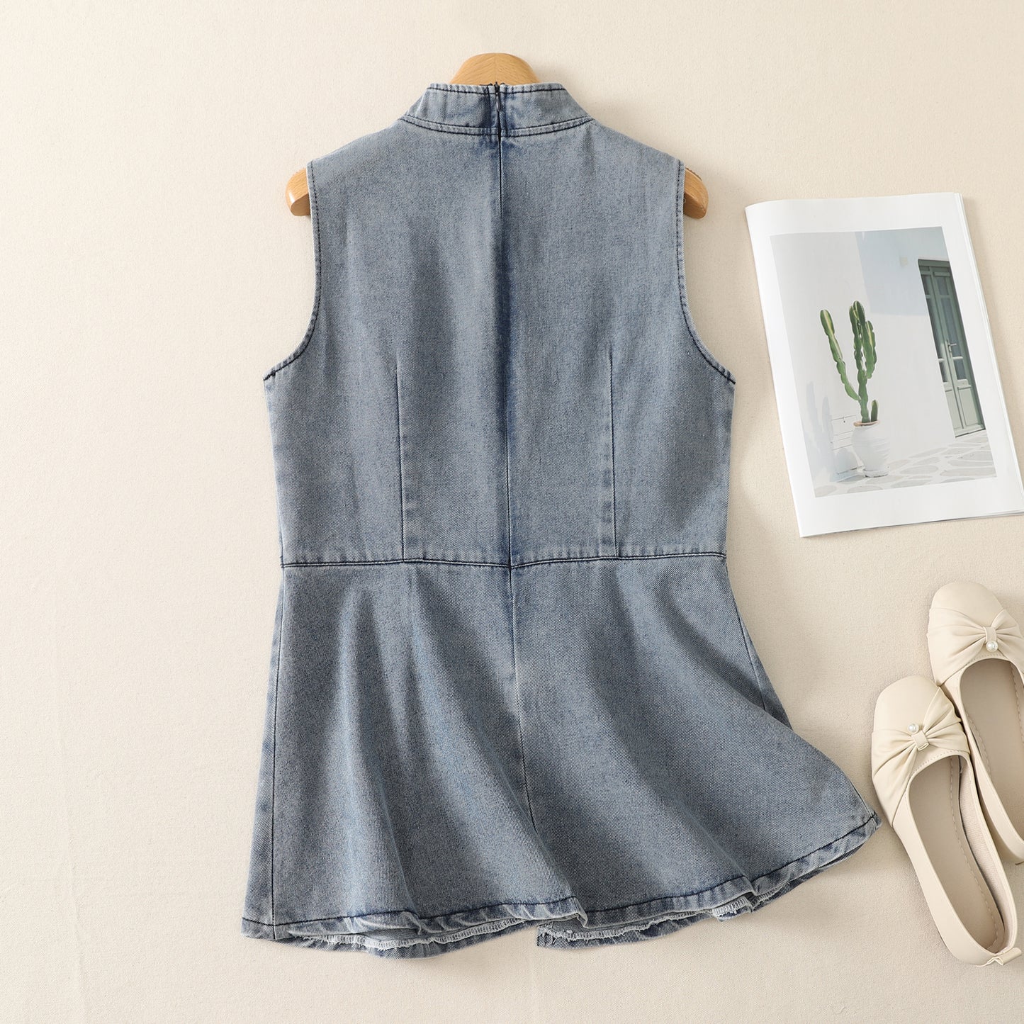 Mandarin Collar Denim Peplum Top