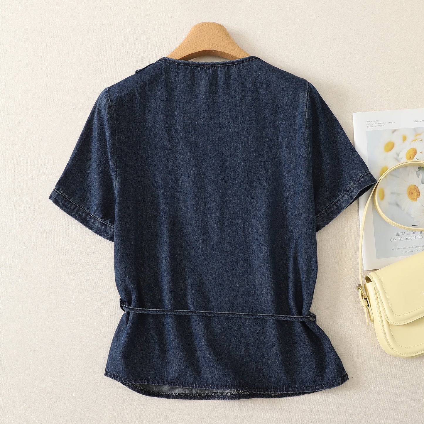 Ruffle V-Neck Denim Top | Soft Feminine Everyday Style - LAI MENG FIVE CATS