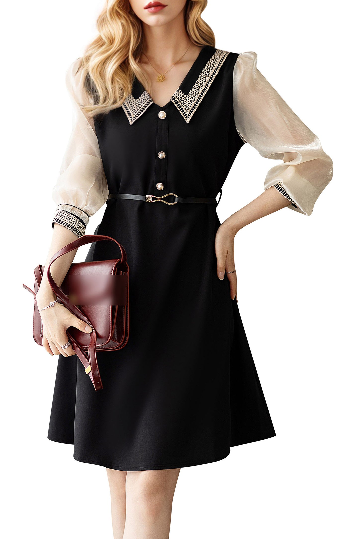 Women's Retro Elegant V-Neck Casual Mini Black Dress - LAI MENG FIVE CATS