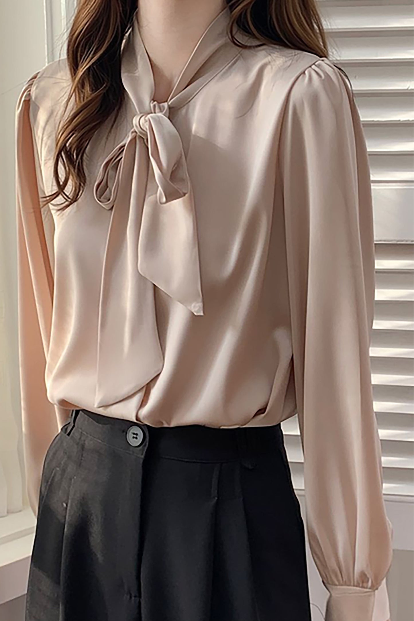 Women's Stain Shirt Tie Neck Long Sleeve Blouse Top