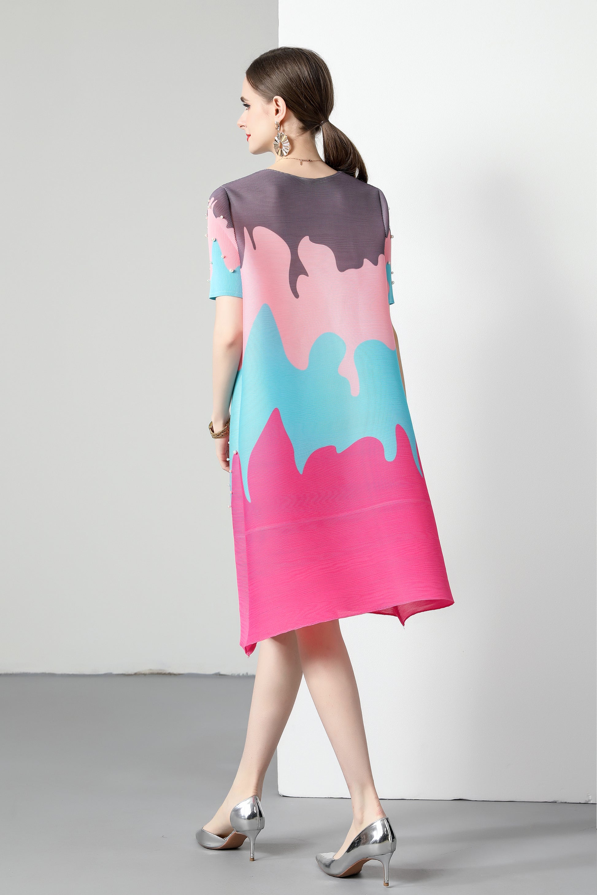Pleats big Elastic print Loose cute Midi Dress - LAI MENG FIVE CATS