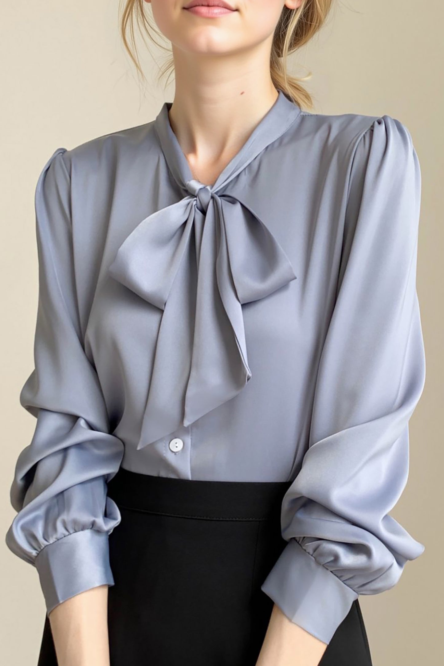Women's Stain Shirt Tie Neck Long Sleeve Blouse Top