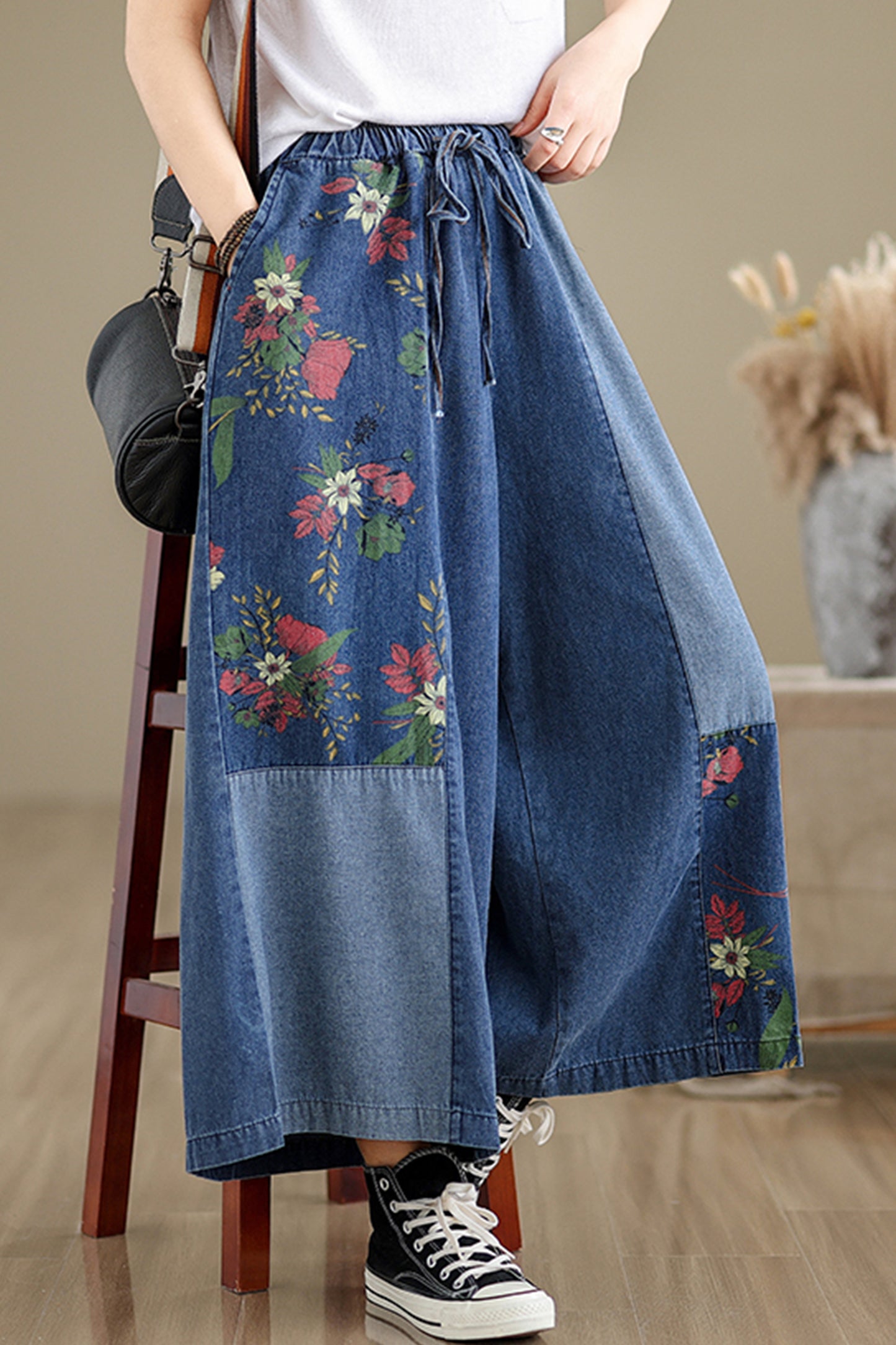 Women's Loose Elastic Waist Wide Leg Denim Pants - LAI MENG FIVE CATS