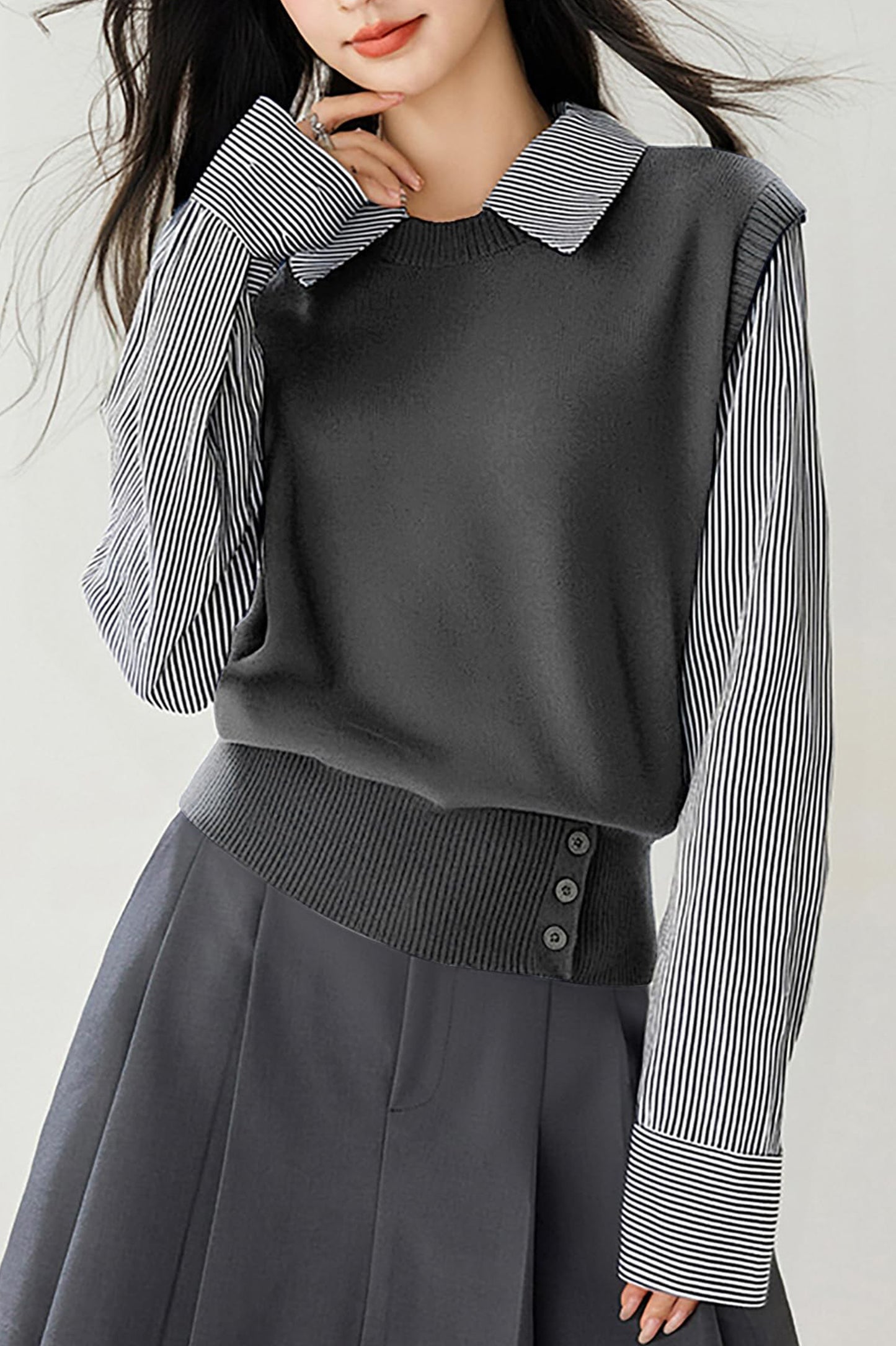 Women's Collared Stirpe Long Sleeve Pullover Sweater