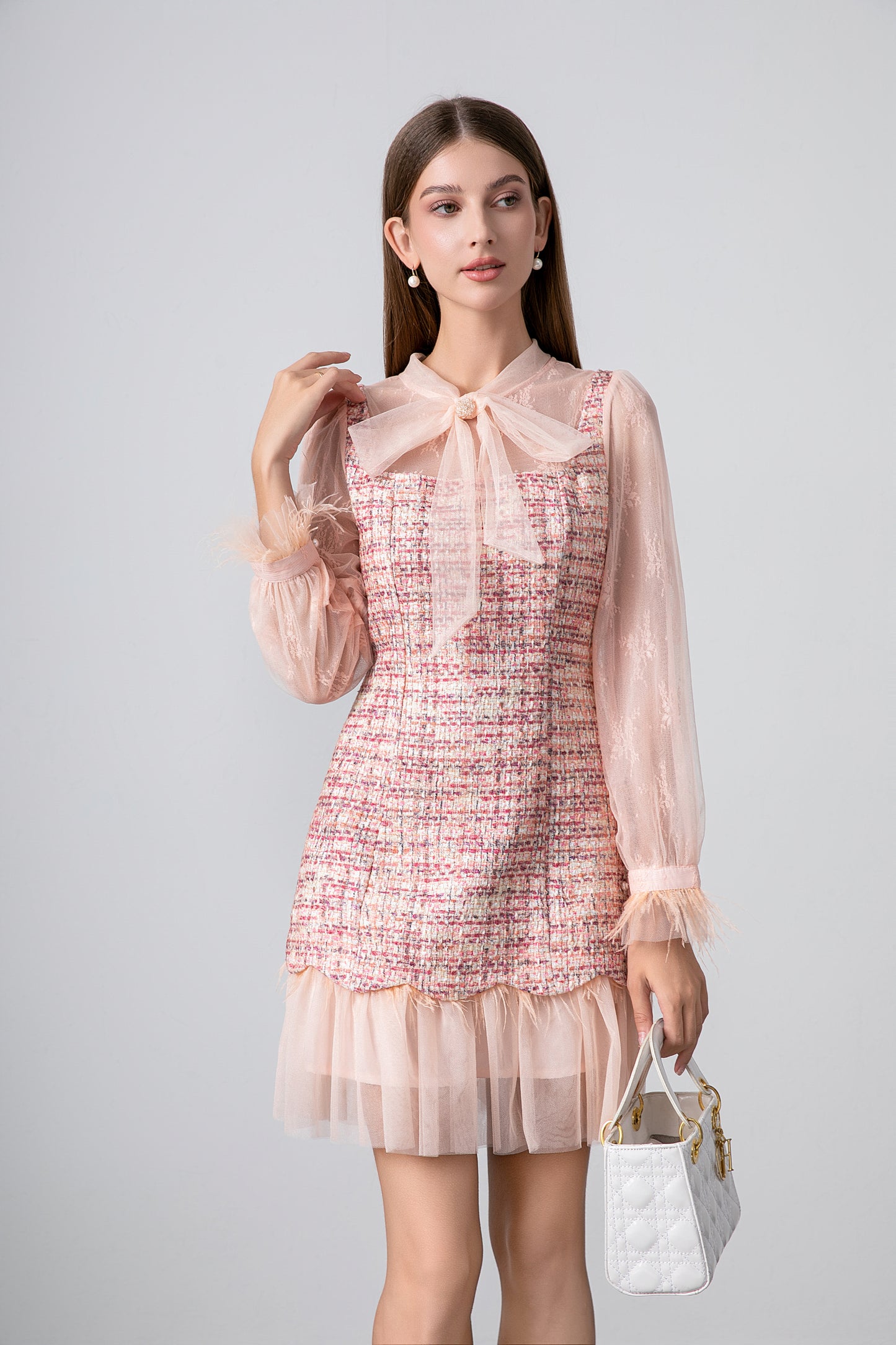 Lace Patchwork Tweed Bell Sleeves Dress