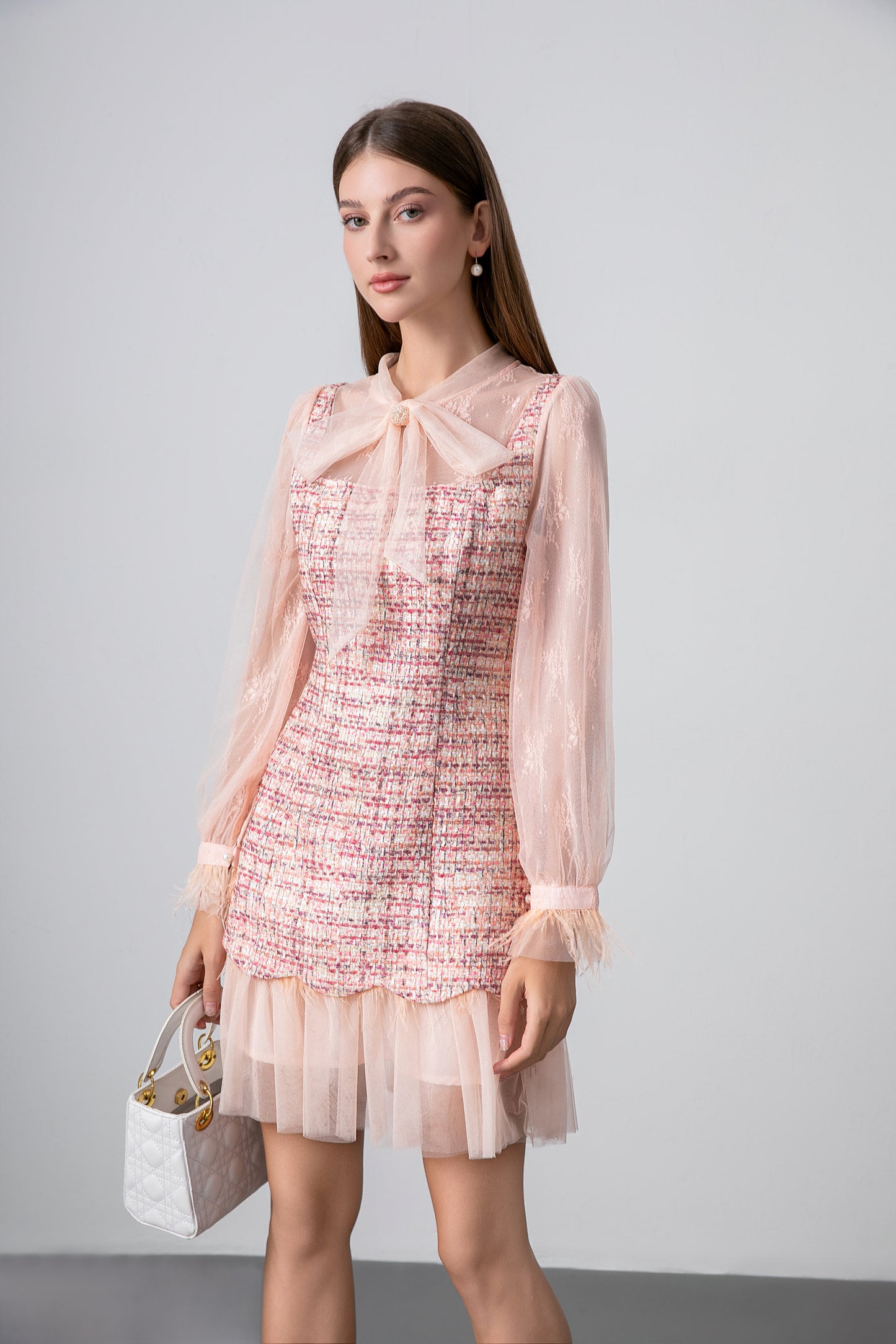 Lace Patchwork Tweed Bell Sleeves Dress