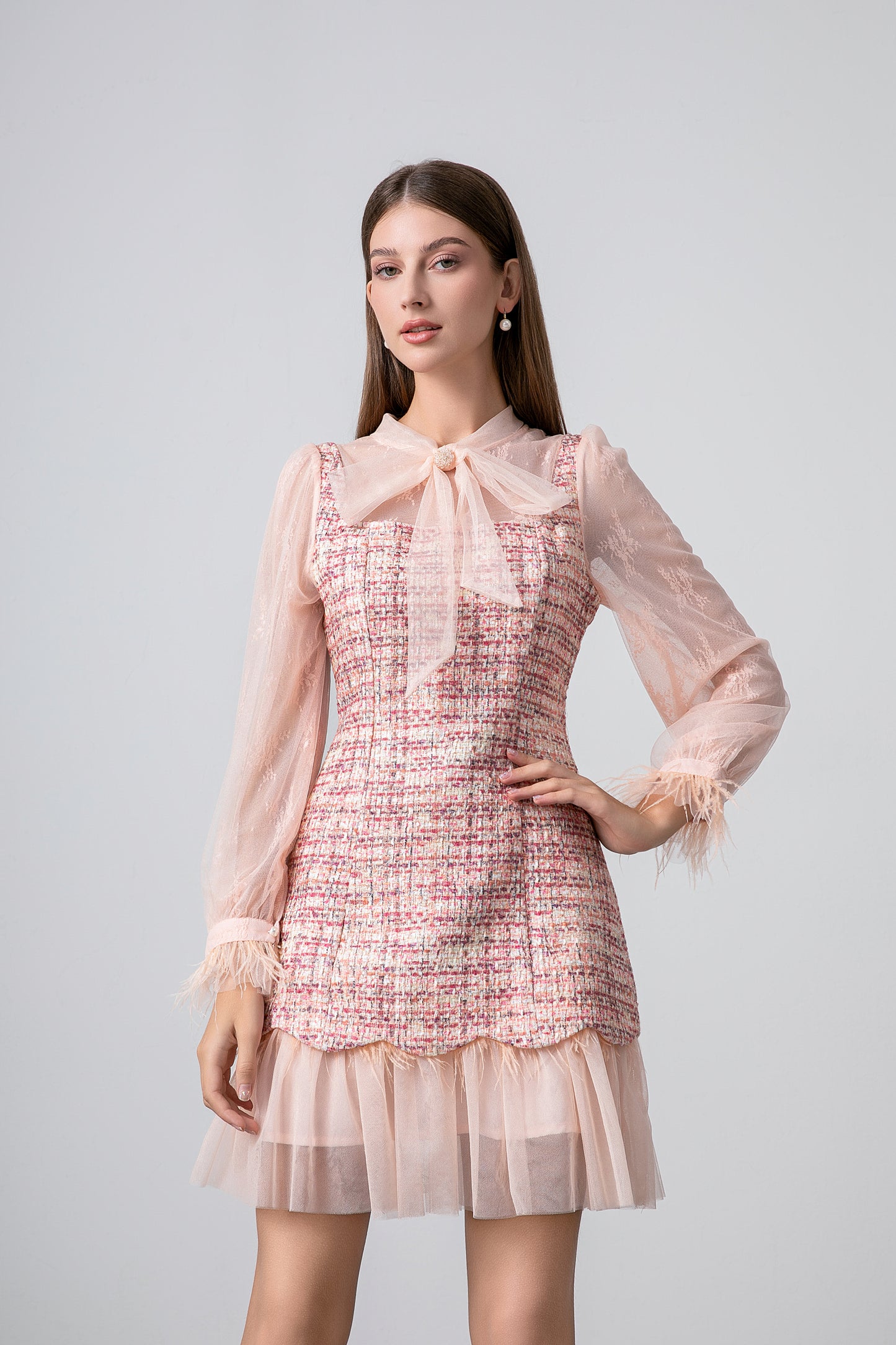 Lace Patchwork Tweed Bell Sleeves Dress