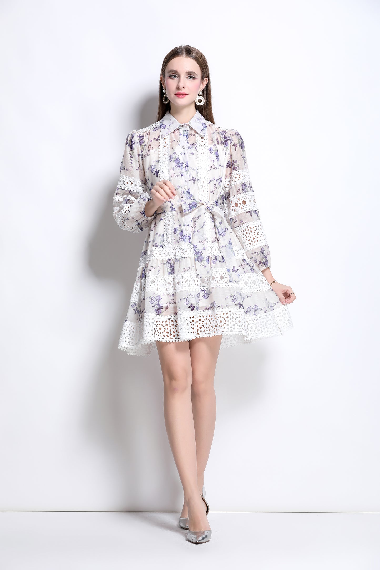 Women's Puff Sleeves Lace Print Hollow Mini Dress