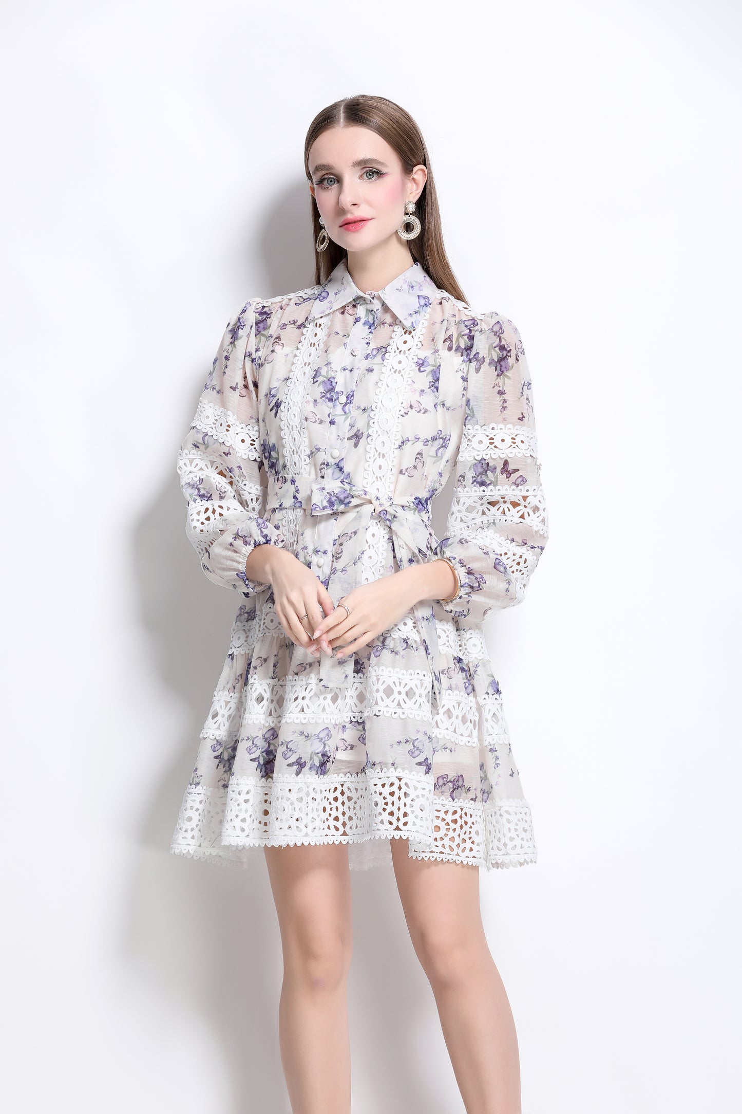 Women's Puff Sleeves Lace Print Hollow Mini Dress