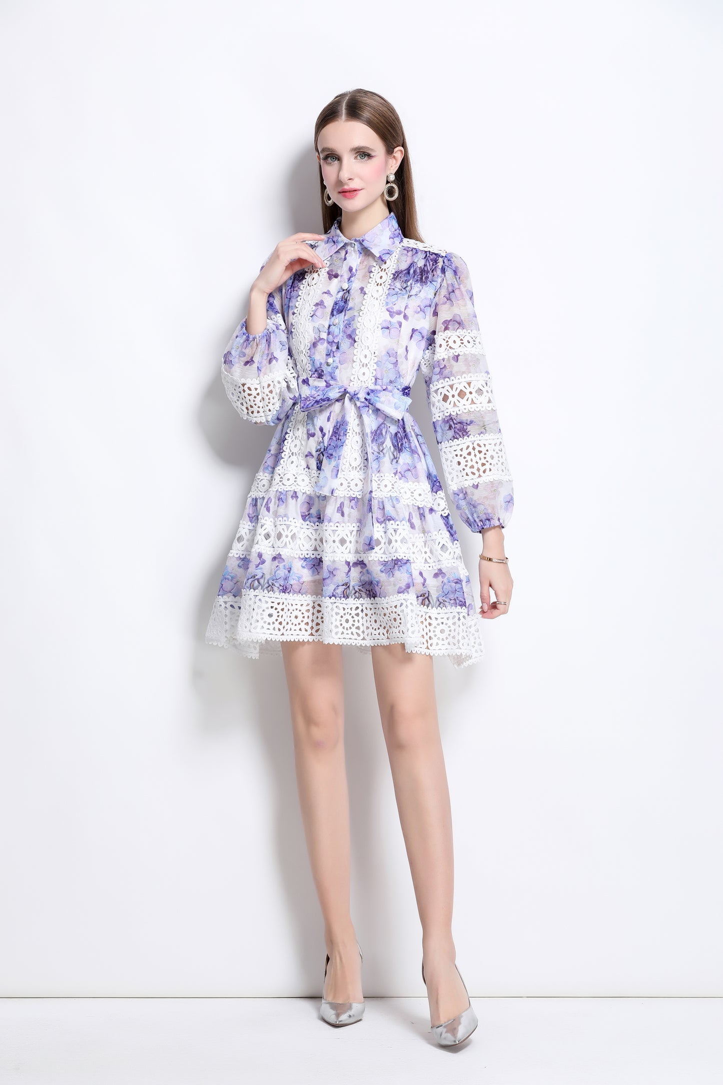 Women's Puff Sleeves Lace Print Hollow Mini Dress