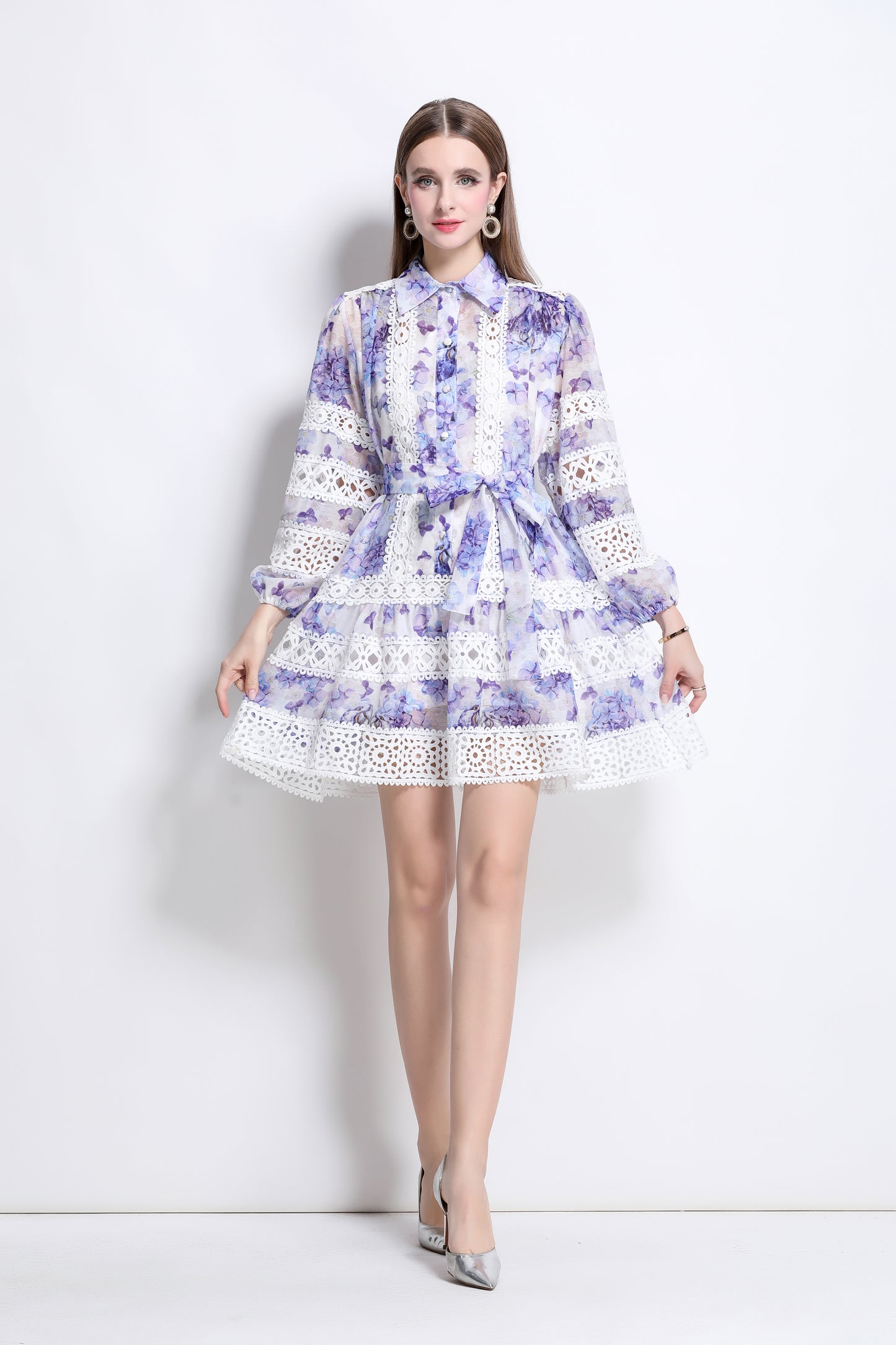 Women's Puff Sleeves Lace Print Hollow Mini Dress