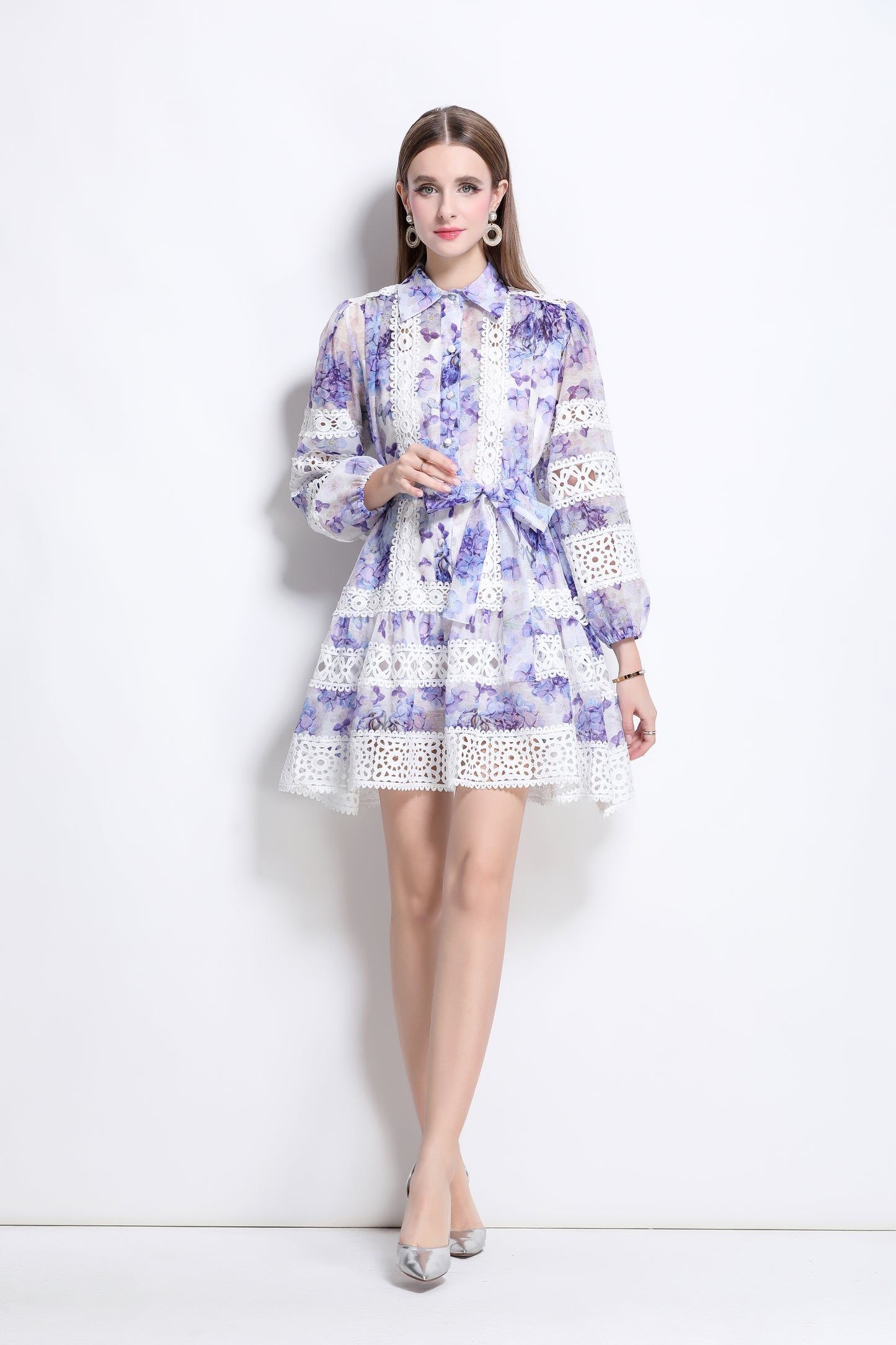 Women's Puff Sleeves Lace Print Hollow Mini Dress