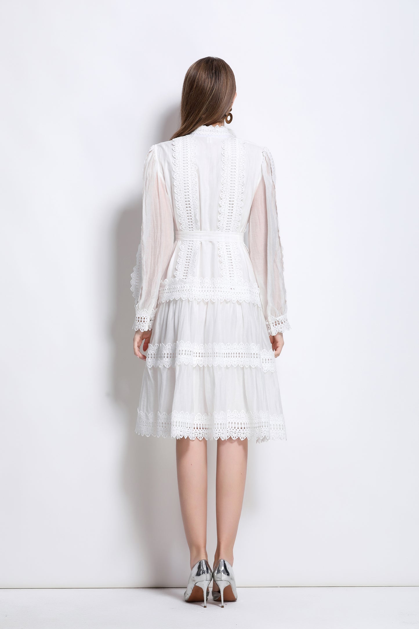 Women's Hollow Lace Lantern Sleeves Midi Dress