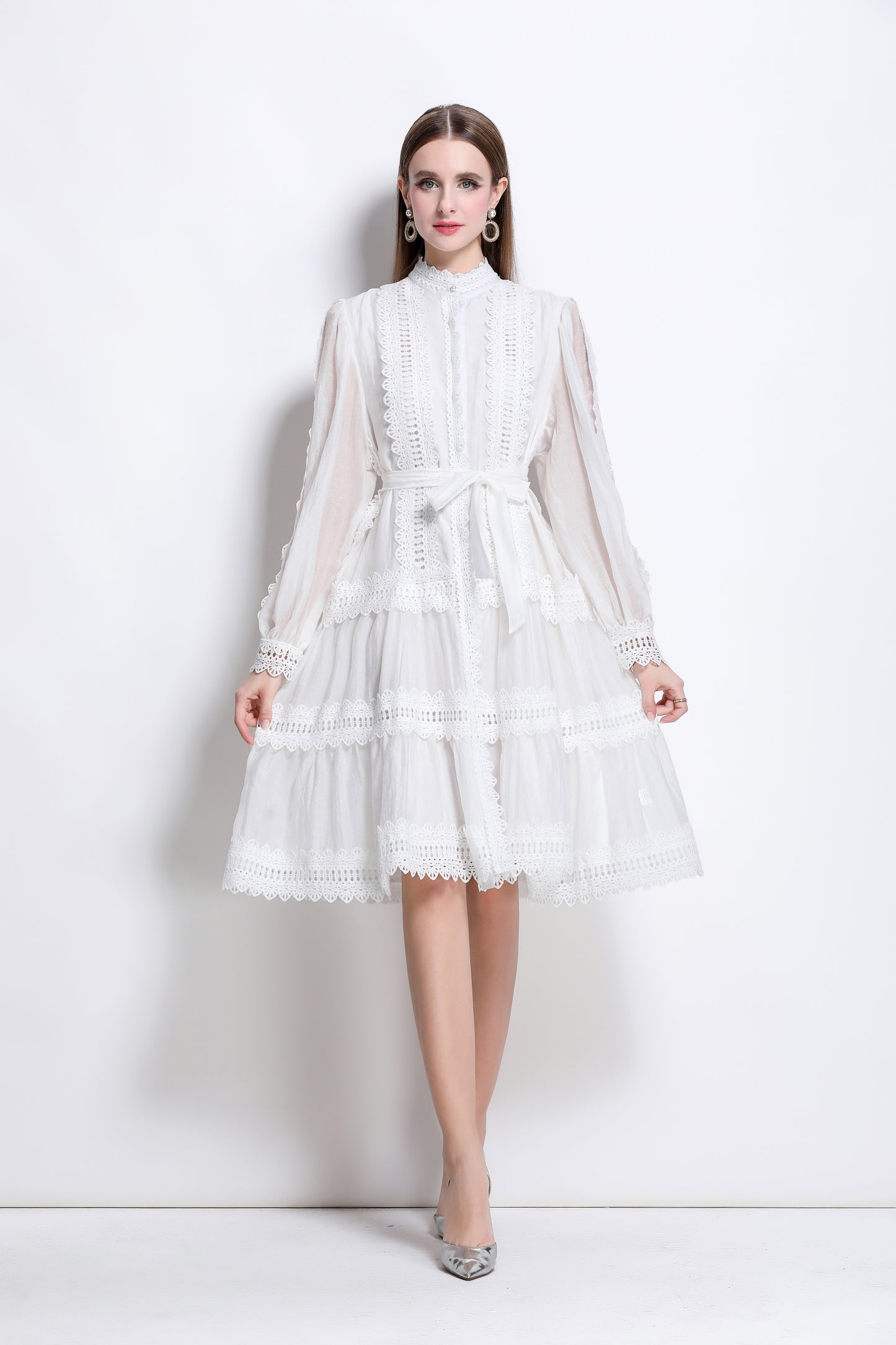 Women's Hollow Lace Lantern Sleeves Midi Dress