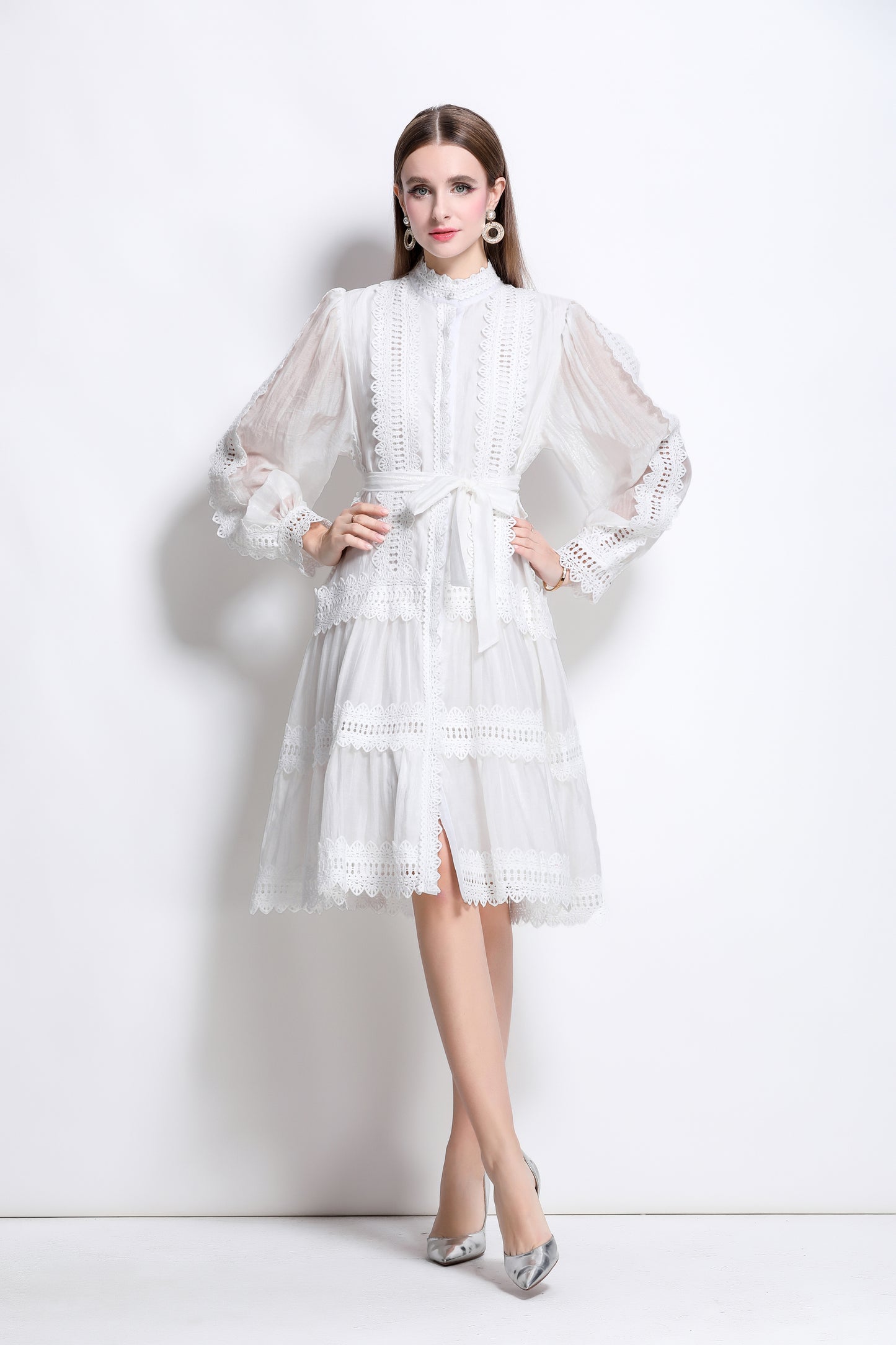 Women's Hollow Lace Lantern Sleeves Midi Dress