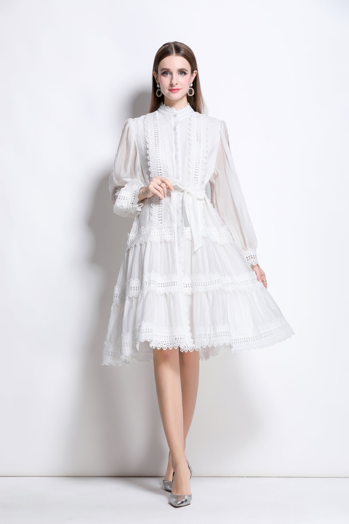 Women's Hollow Lace Lantern Sleeves Midi Dress