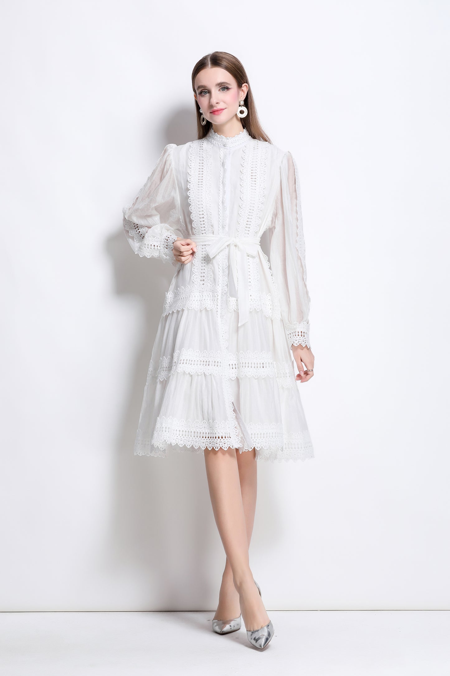 Women's Hollow Lace Lantern Sleeves Midi Dress