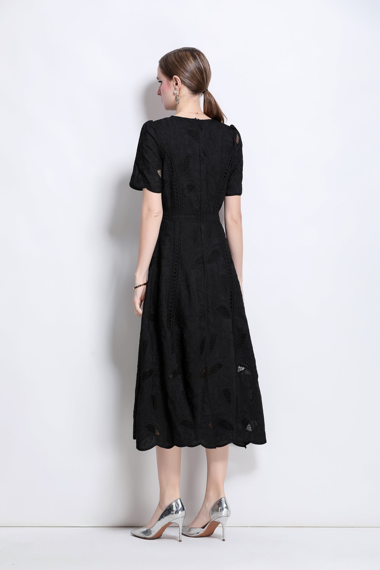 Women's Floral Lace Short Sleeve Evening Midi Dress
