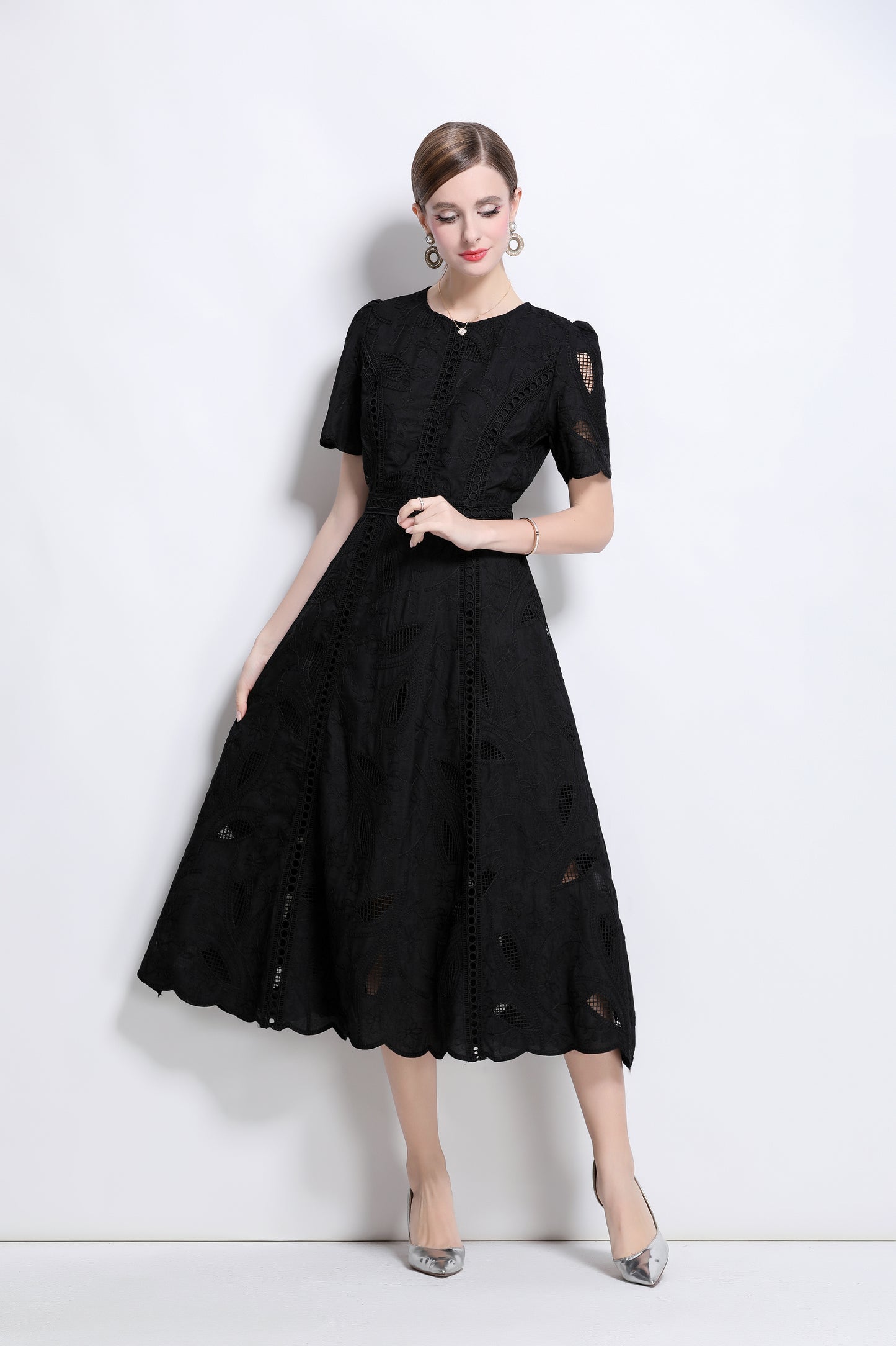 Women's Floral Lace Short Sleeve Evening Midi Dress