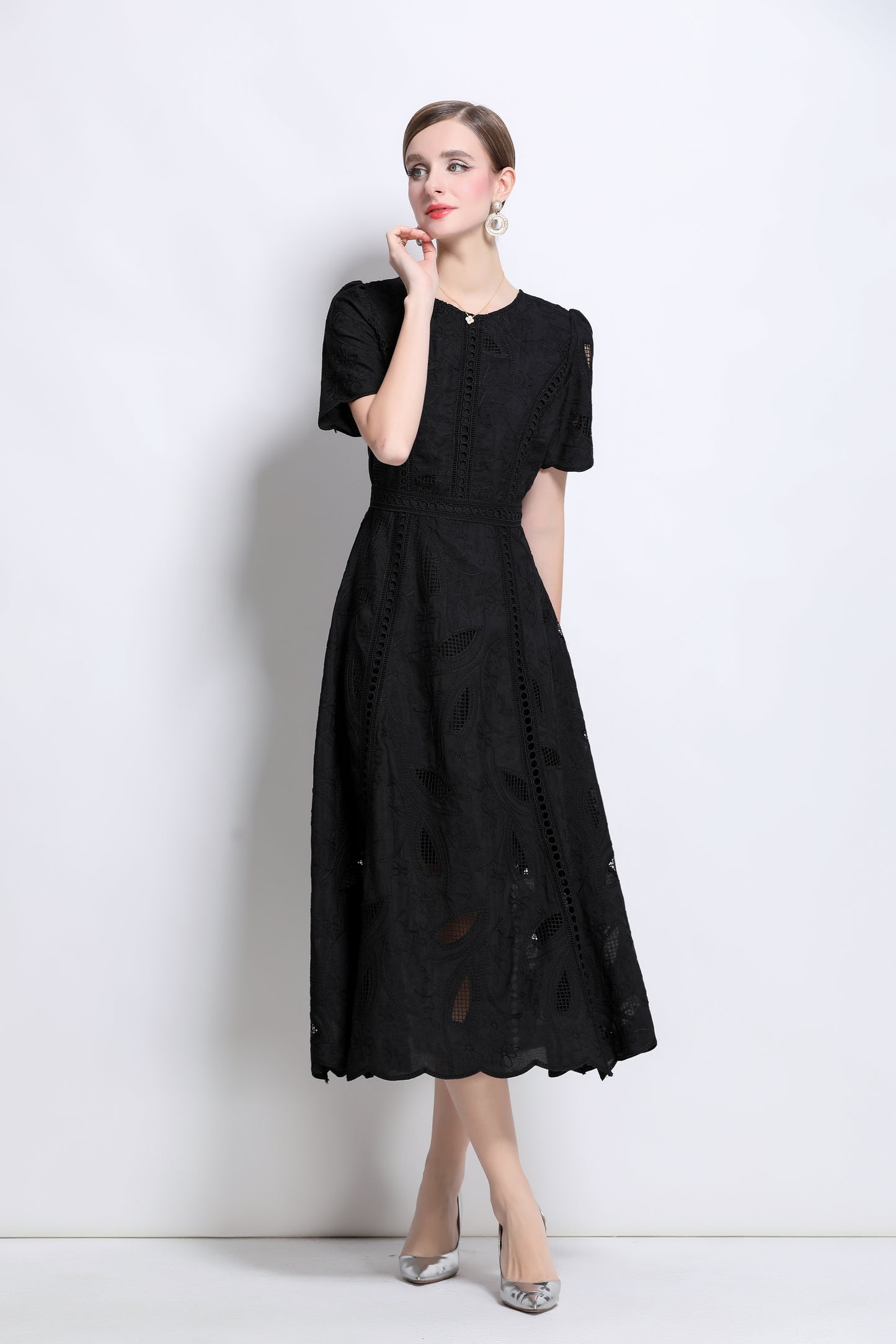 Women's Floral Lace Short Sleeve Evening Midi Dress