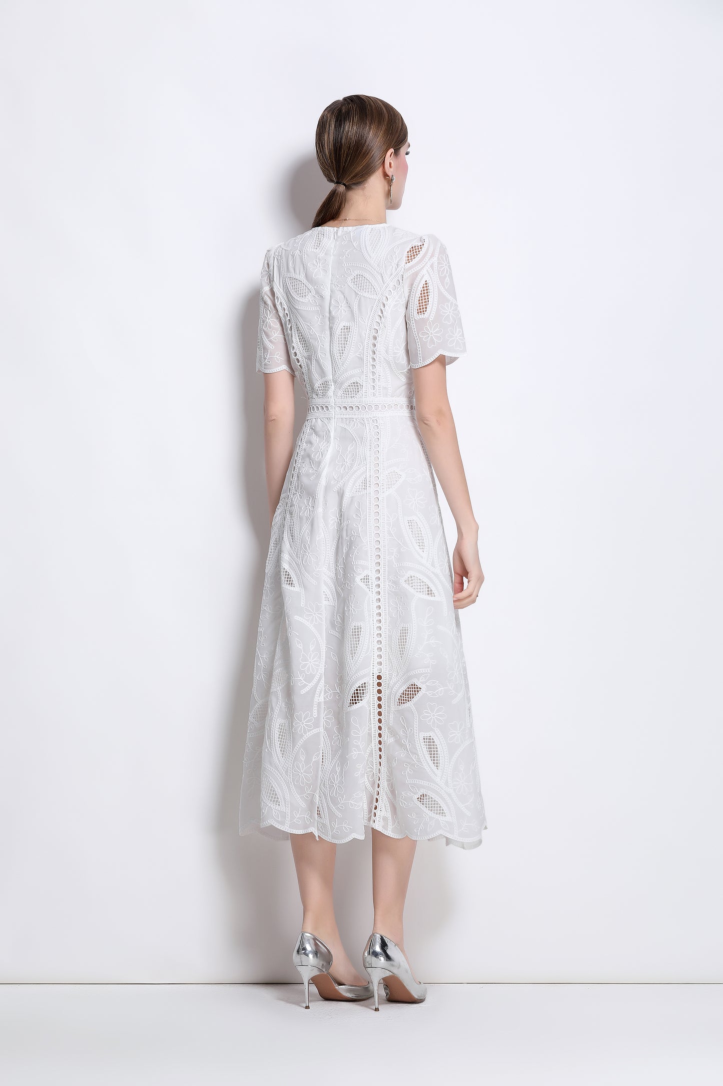 Women's Floral Lace Short Sleeve Evening Midi Dress