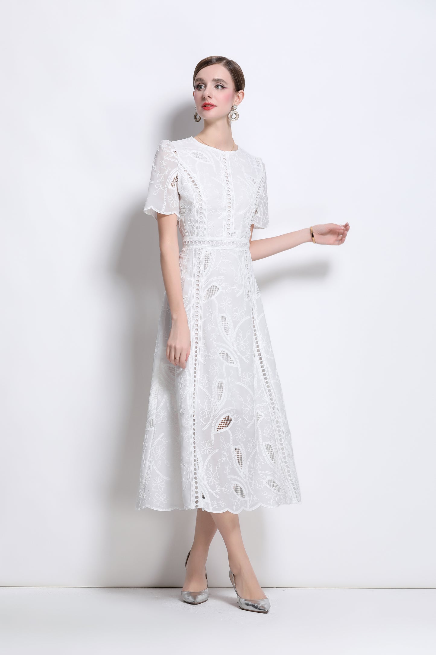 Women's Floral Lace Short Sleeve Evening Midi Dress
