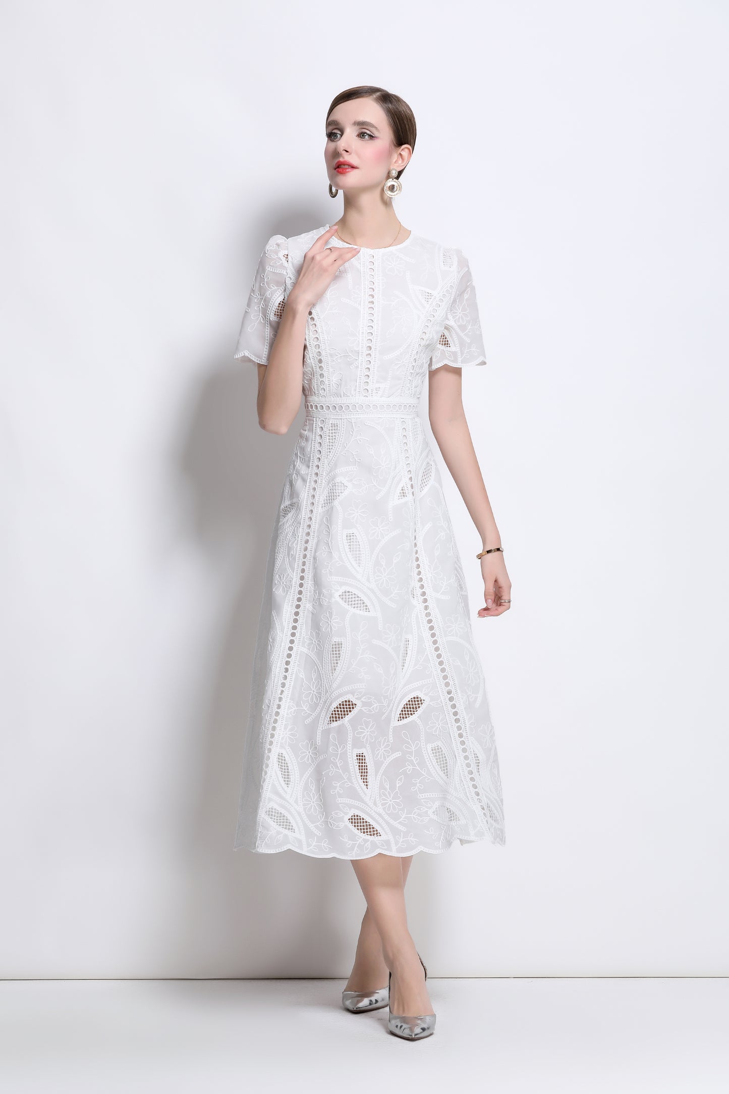 Women's Floral Lace Short Sleeve Evening Midi Dress