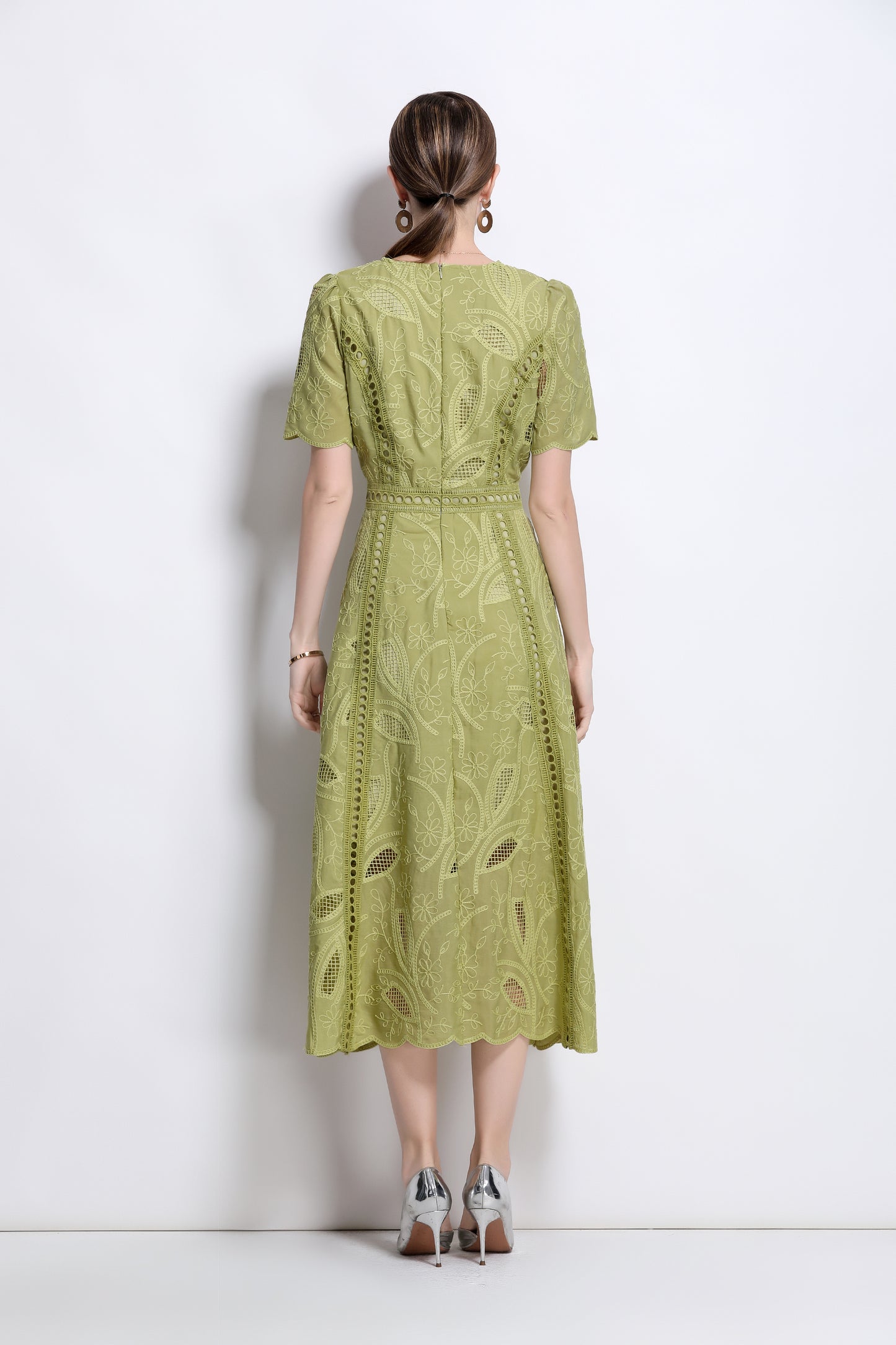 Women's Floral Lace Short Sleeve Evening Midi Dress