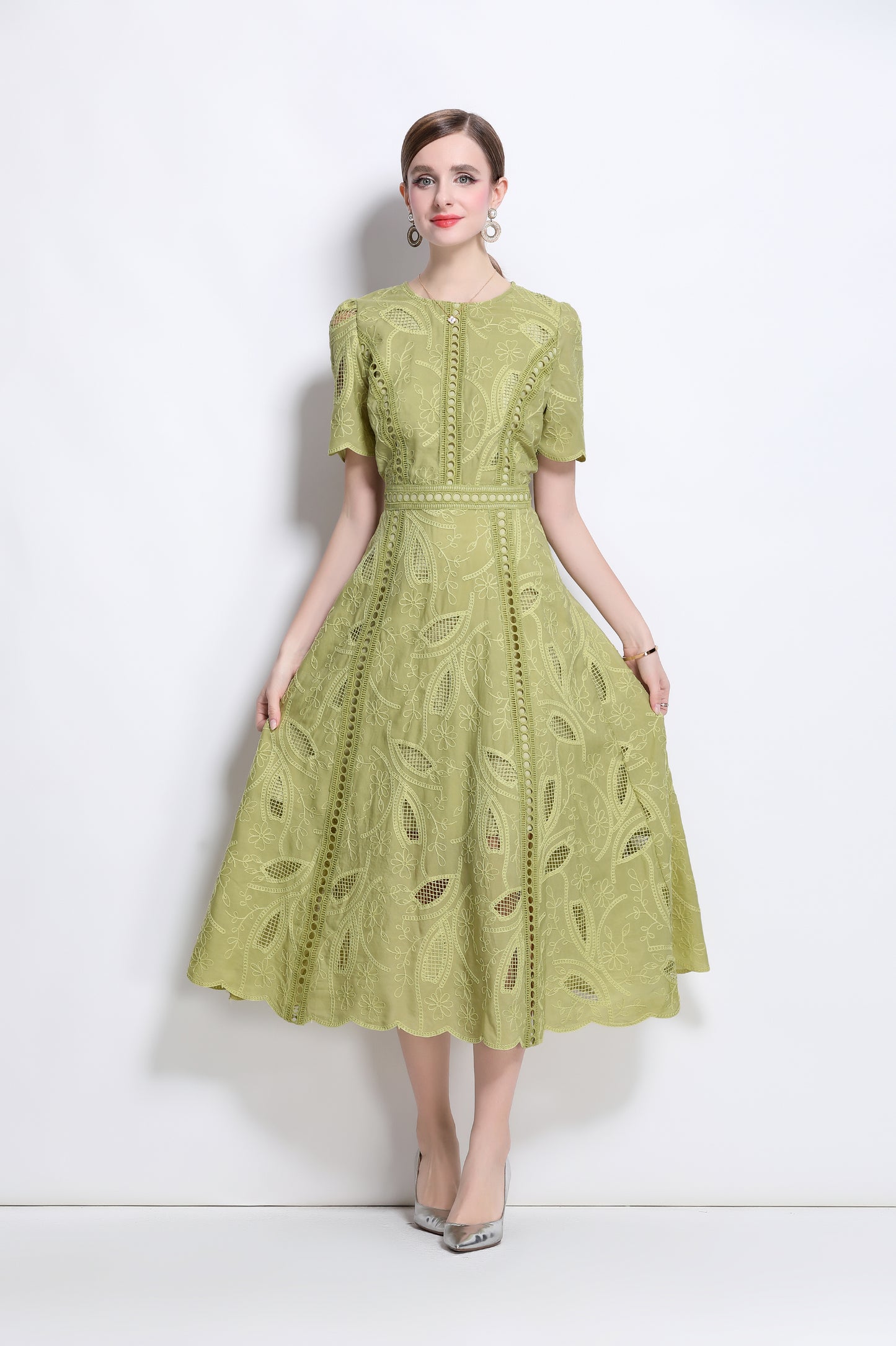 Women's Floral Lace Short Sleeve Evening Midi Dress