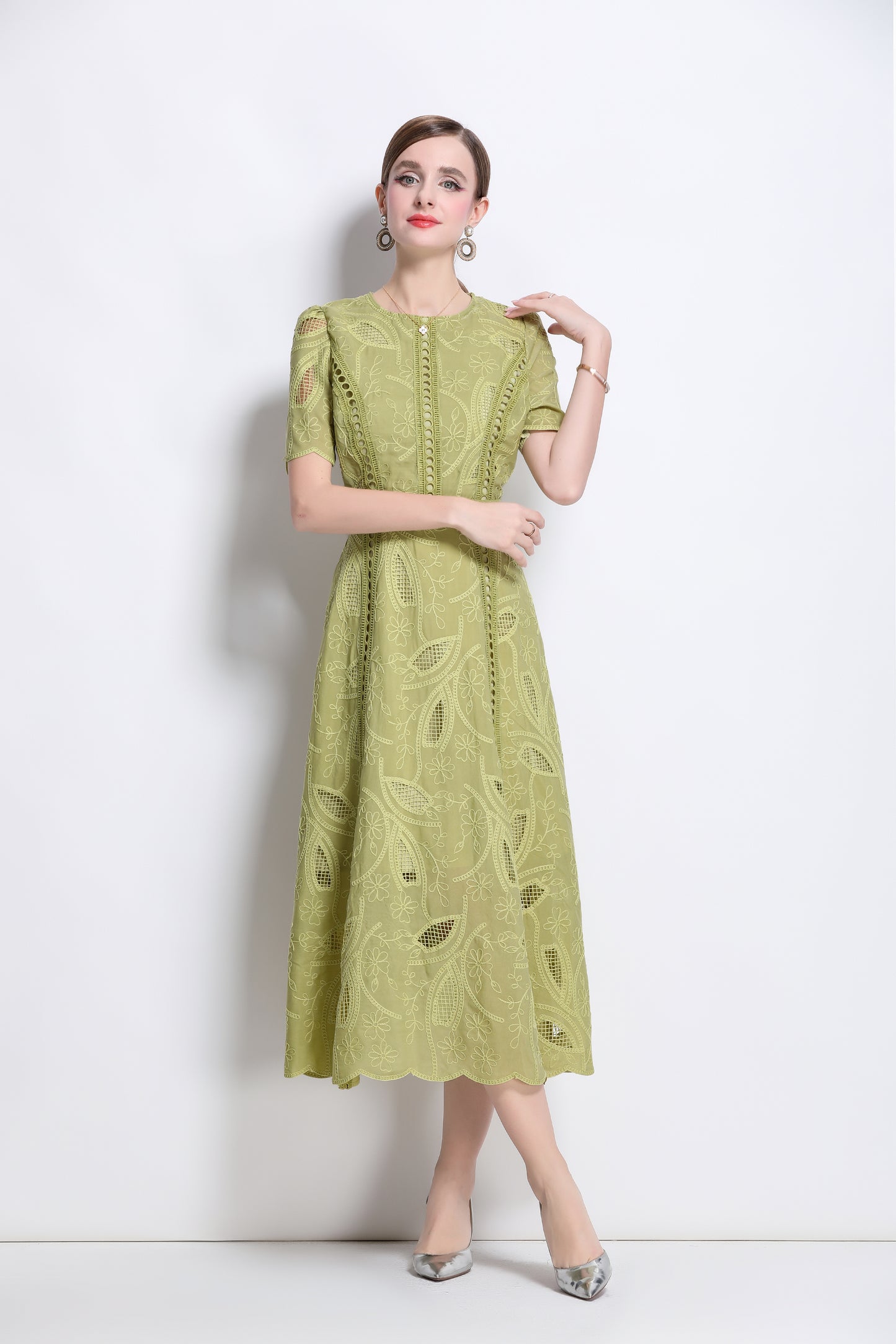Women's Floral Lace Short Sleeve Evening Midi Dress