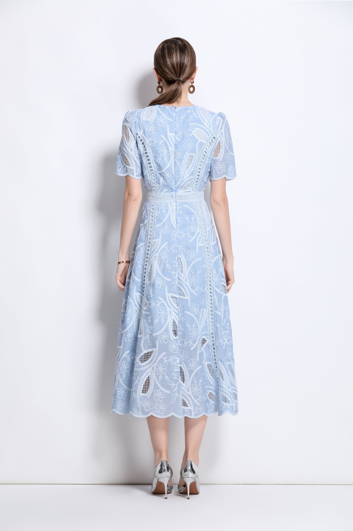 Women's Floral Lace Short Sleeve Evening Midi Dress