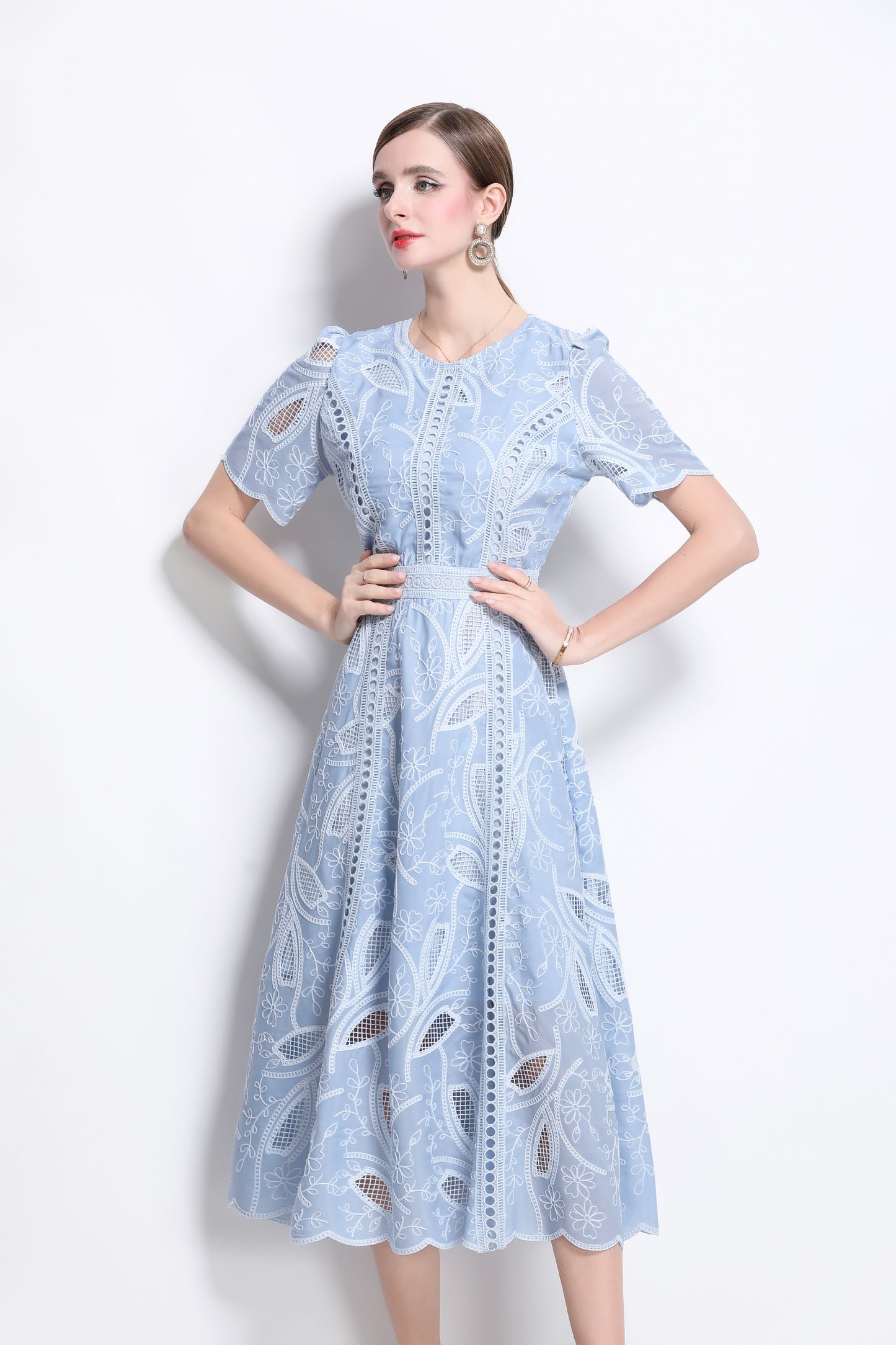 Women's Floral Lace Short Sleeve Evening Midi Dress